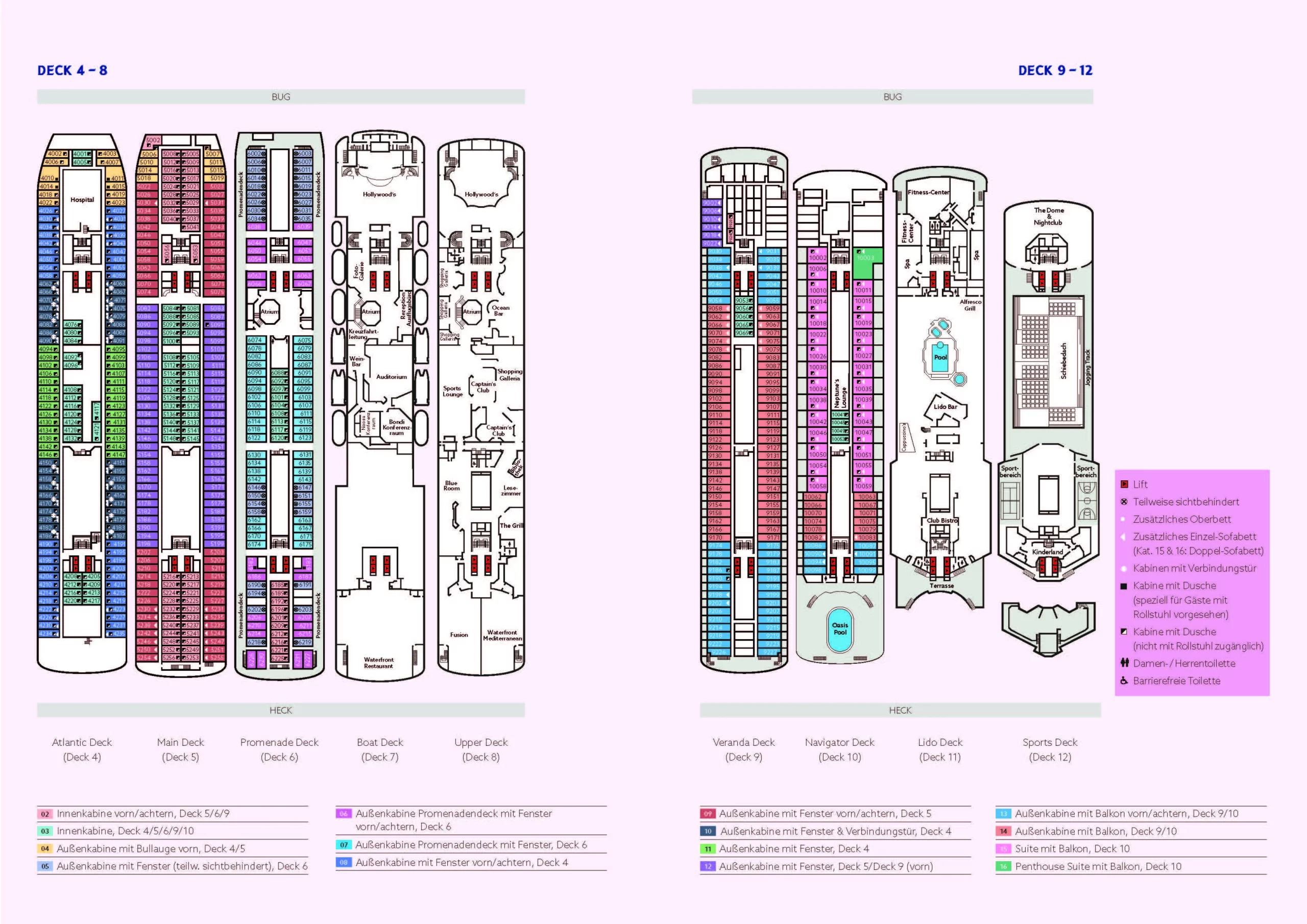 Detaillierte Darstellung der Decks und Einrichtungen auf dem Kreuzfahrtschiff.