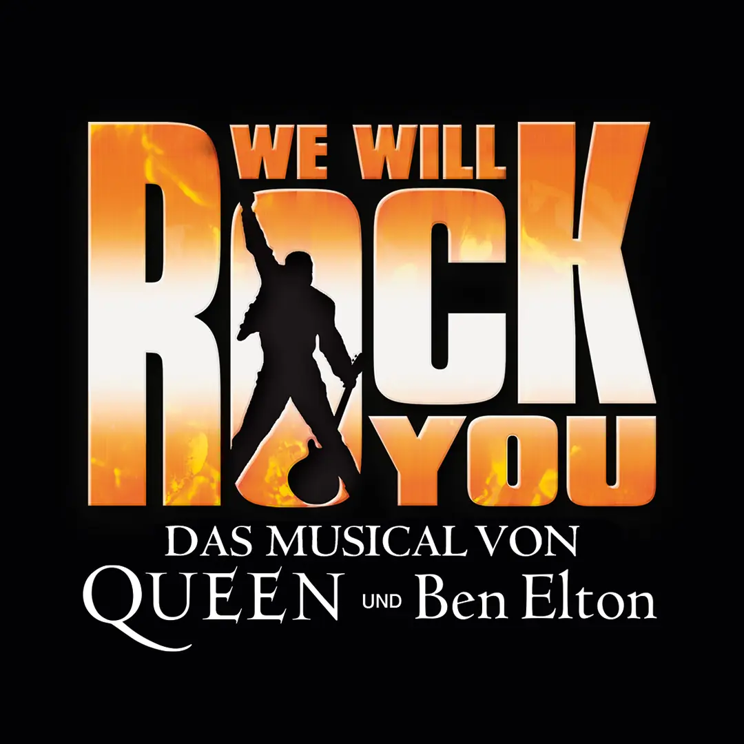 We will Rock You – Das Musical von Queen und Ben Elton. Key Visual: Musicaltitel mit Untertitel auf schwarzem Grund (im quadratischen Format).