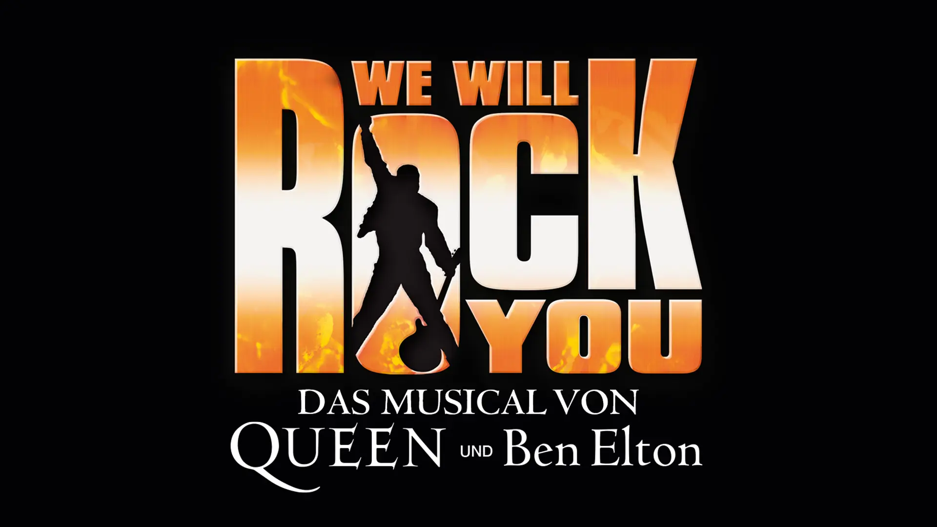 We will Rock You – Das Musical von Queen und Ben Elton. Key Visual: Musicaltitel mit Untertitel auf schwarzem Grund (im Querformat).