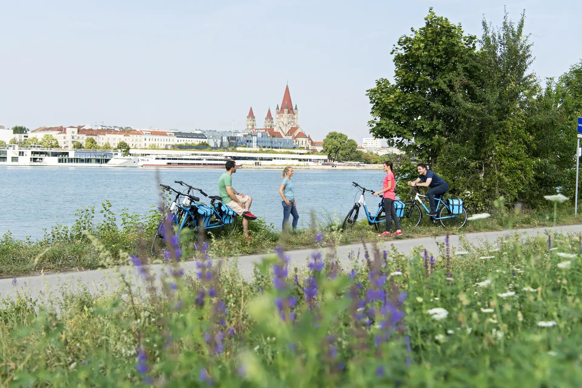 Radler halten im Grünen am Donauufer mit Blick auf Wien.