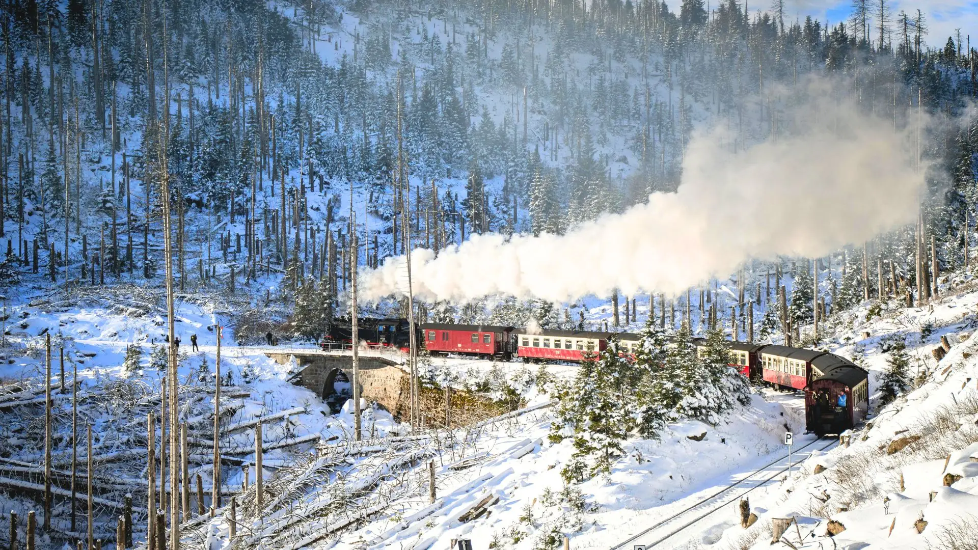 Roter Zug mit Dampfwolke fährt über eine Brücke durch verschneite Winterlandschaft bei Wernigerode.