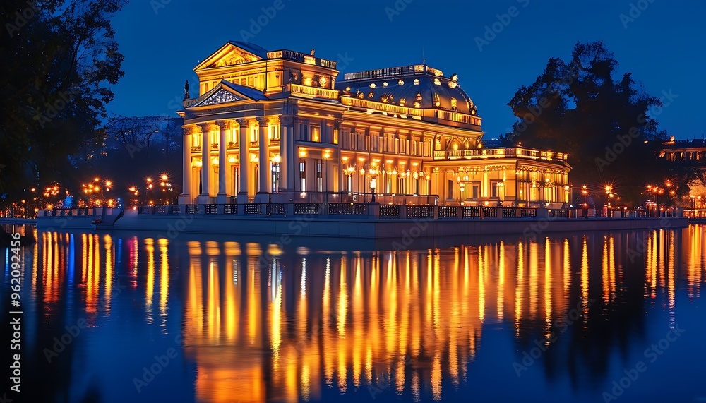 Ein wunderschön beleuchtetes Gebäude am Wasser bei Nacht.