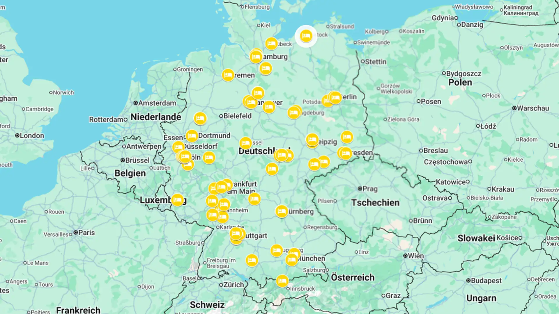 Karte von Mitteleuropa mit markierten Standorten in Deutschland - Alle verfügbaren Hotels in deutschen Städten