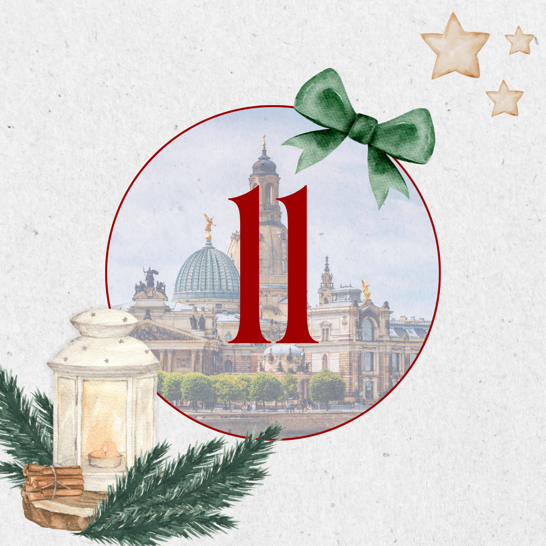 aovo Adventskalender Türchen 11 mit einem grünen Schleifenband, im Hintergrund die Dresdner Stadtkulisse mit dem Dom, dekoriert mit einem Kerzenlicht, Tannenzweigen und Sternen.