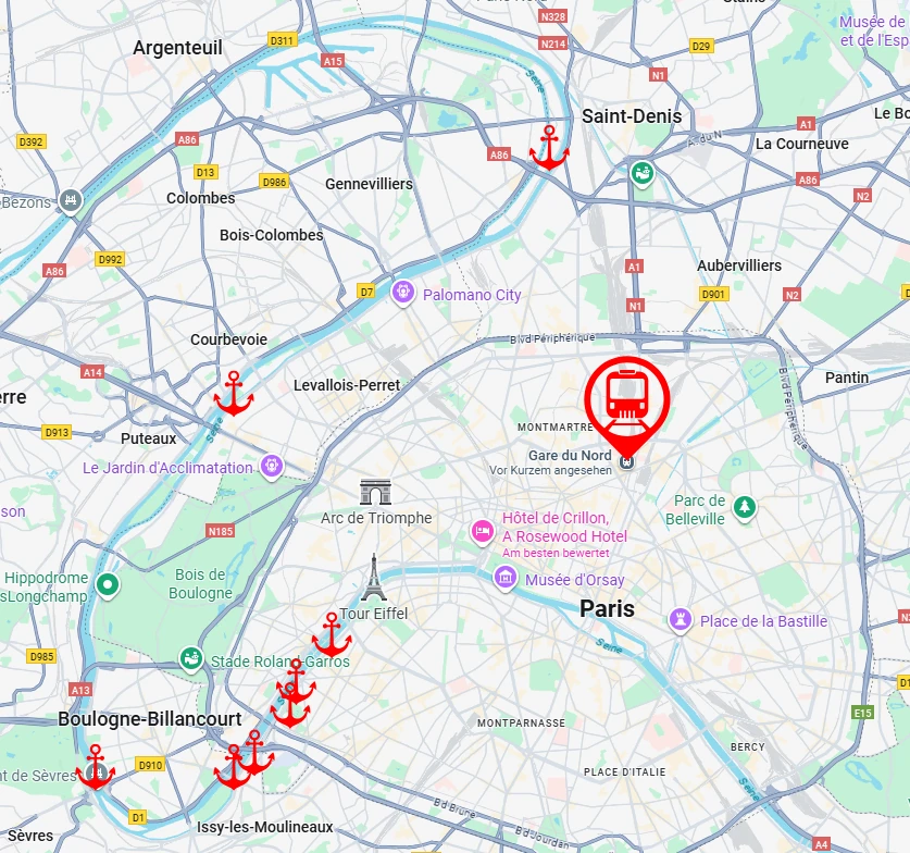Karte von Paris mit markierten touristischen Sehenswürdigkeiten und Attraktionen