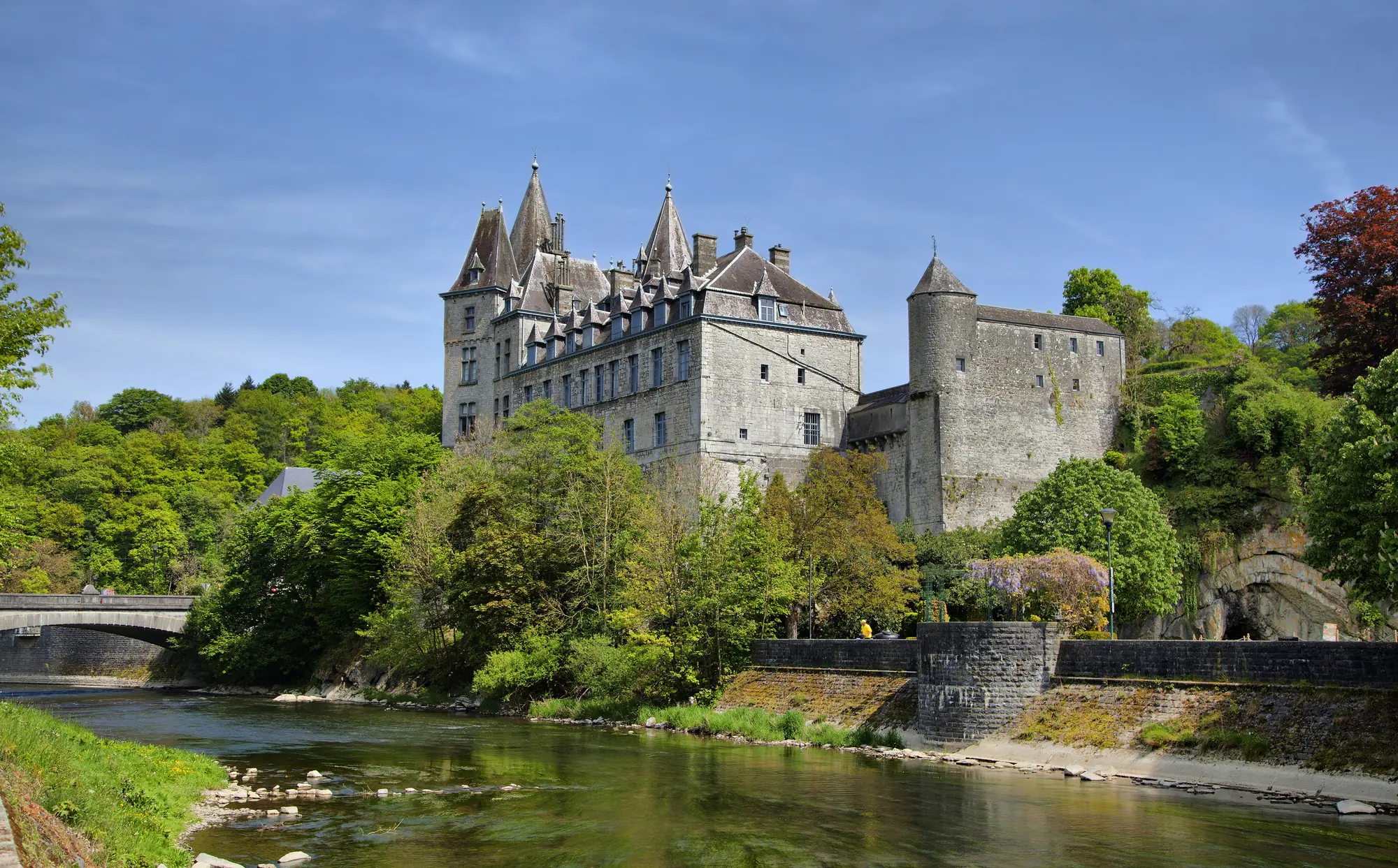 Schloss Durbuy vom Flussufer bei klarem Himmel, umgeben von üppigem Grün, das die malerische Kulisse und die historische Architektur des Schlosses betont.