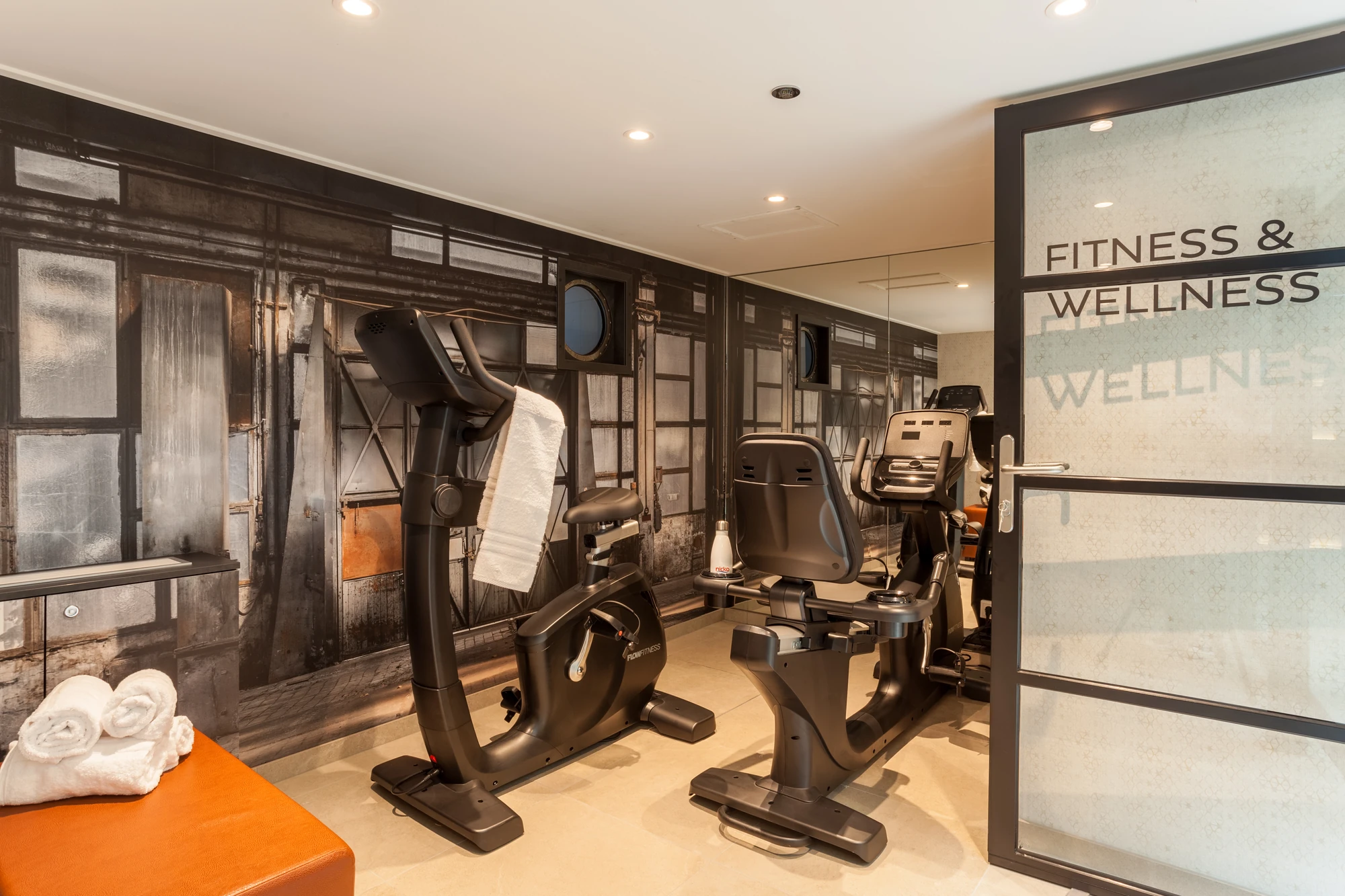 Blick auf Fitnessgeräte und Handtücher im Fitness- & Wellnessbereich an Bord der nickoSPIRIT