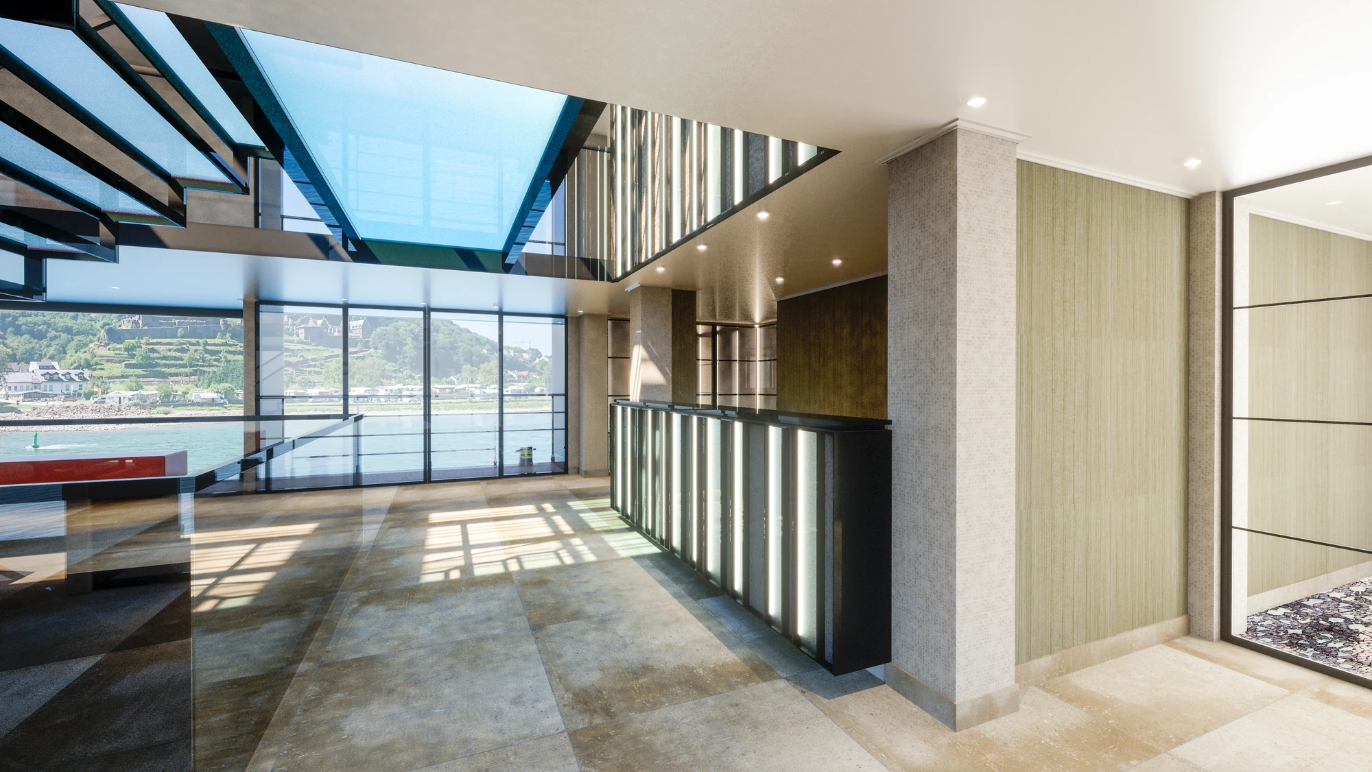 Rezeption in der hellen Lobby mit großen Glasfenstern an Bord der nickoSPIRIT mit Blick auf vorbeiziehende Flussufer