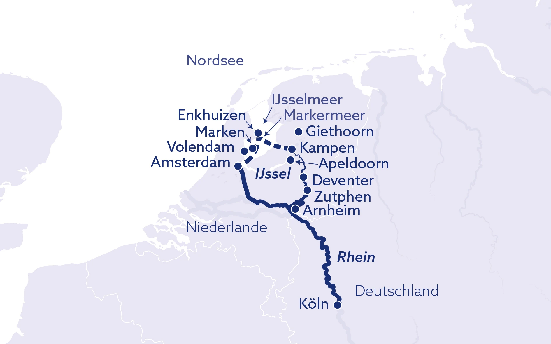 Routenplan ab/bis Köln in die Niederlande nach Amsterdam über das IJsselmeer und entlang von Kampen, Deventer, Zutphen und Arnheim zurück
