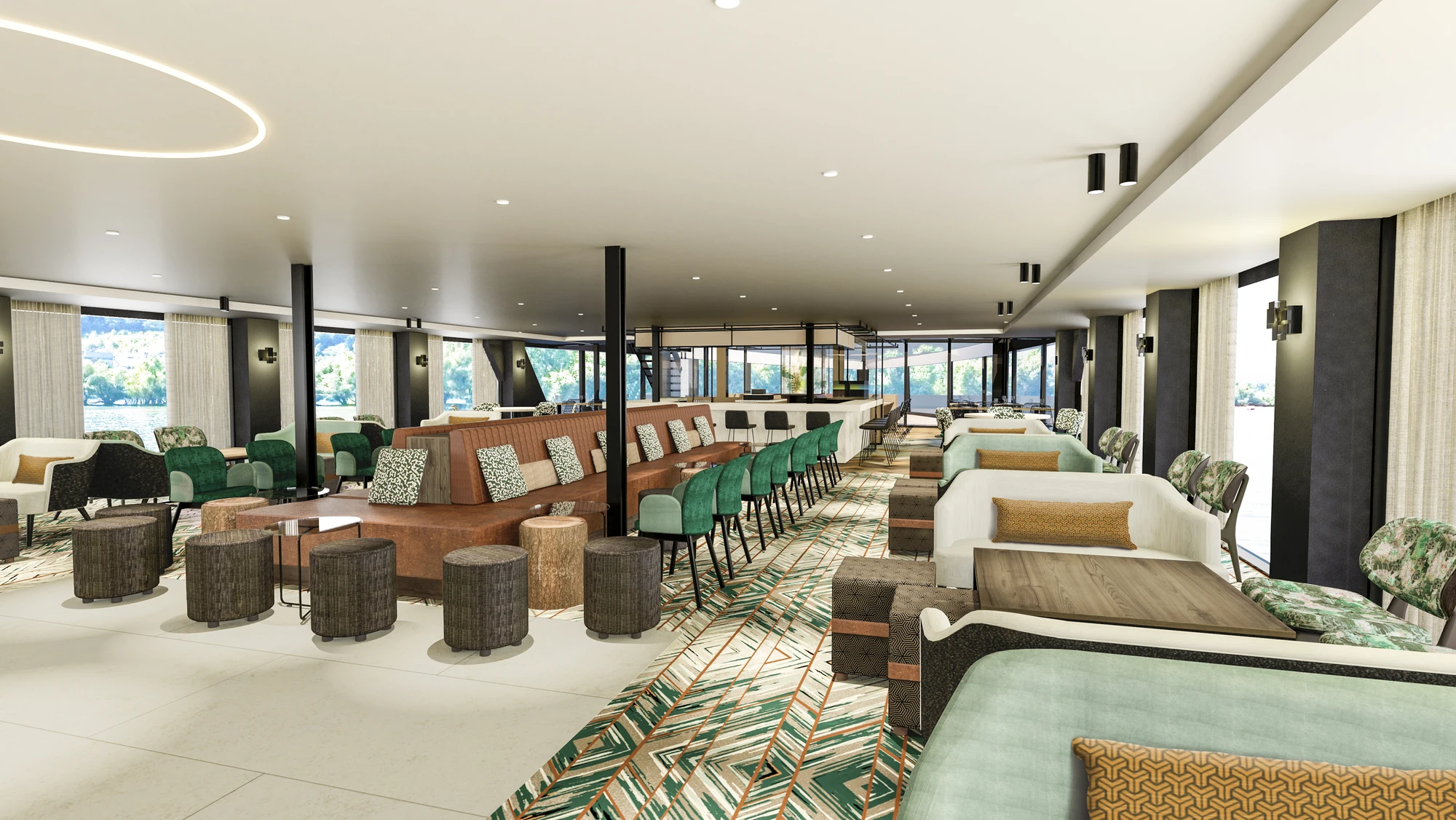 Bunte Stühle, Sitzbänke und Sitzgelegenheiten im Salon an Bord der nickoSPIRIT