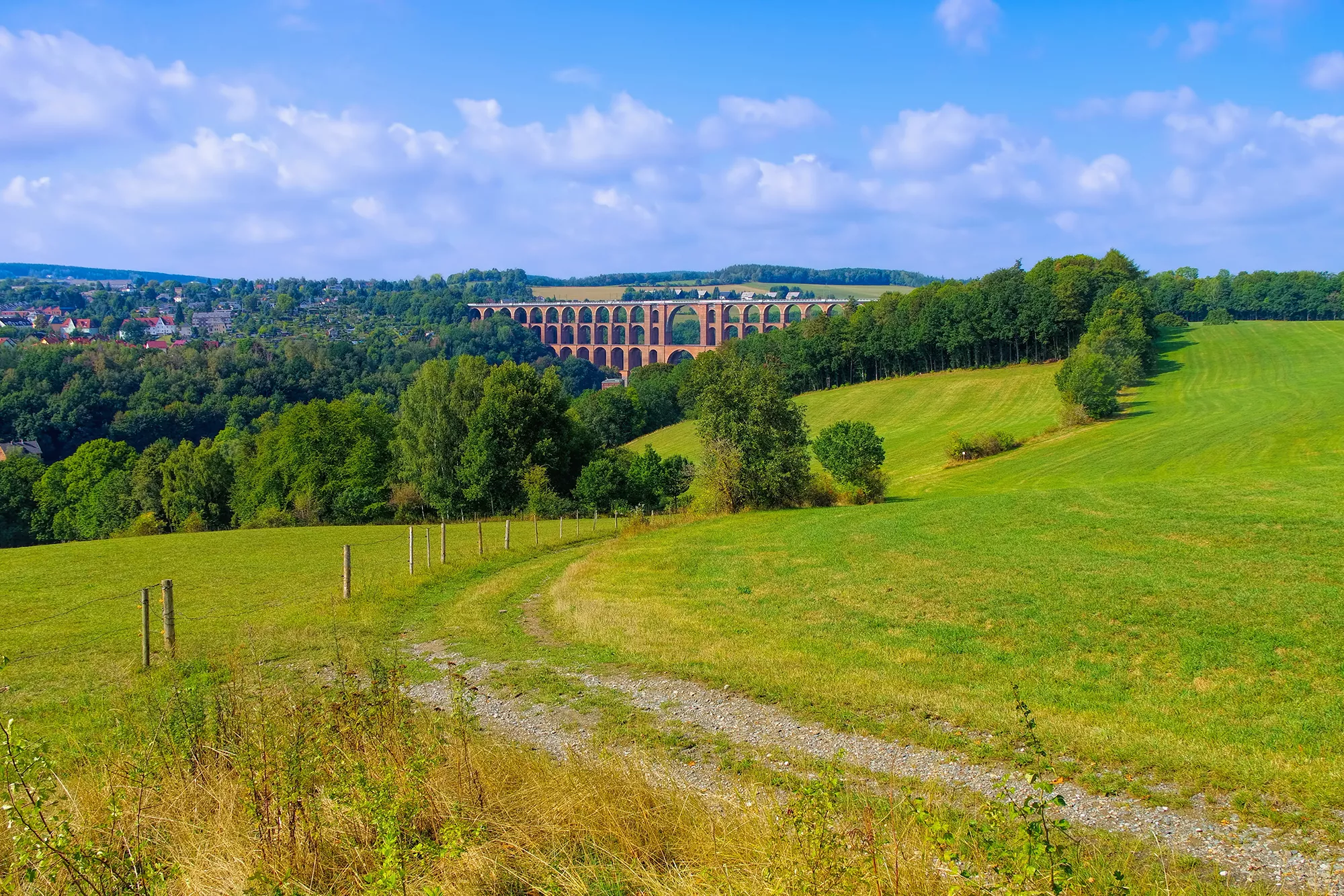 Panoramabild auf die Göltzschtalbrücke bei Bad Brambach umgeben von bergigen grünen Feldern mit Bäumen und Hügellandschaft des Vogtlandes