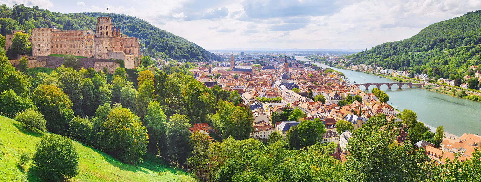 Altstadt von Heidelberg von oben mit dem Schloss links bei einem Heidelberg Urlaub