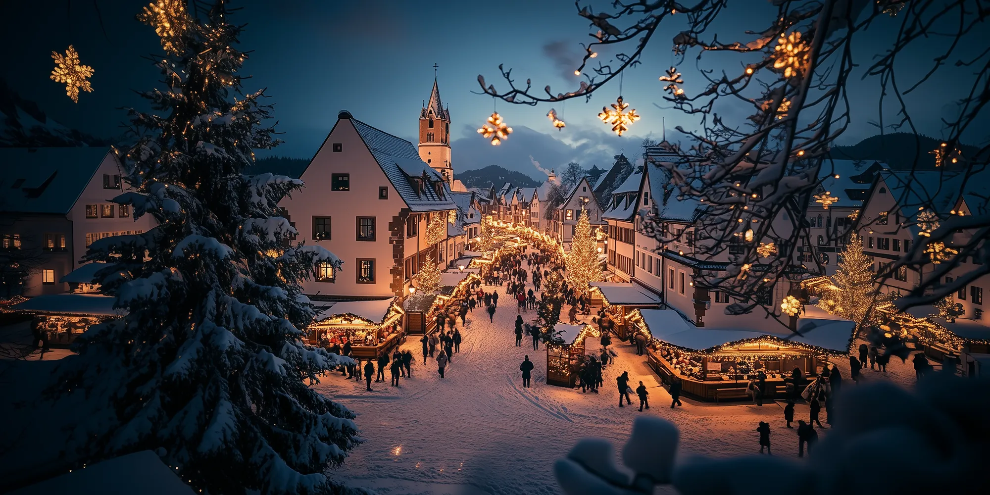 Winterabend mit Menschen auf einem Weihnachtsmarkt in einer malerischen Stadt.