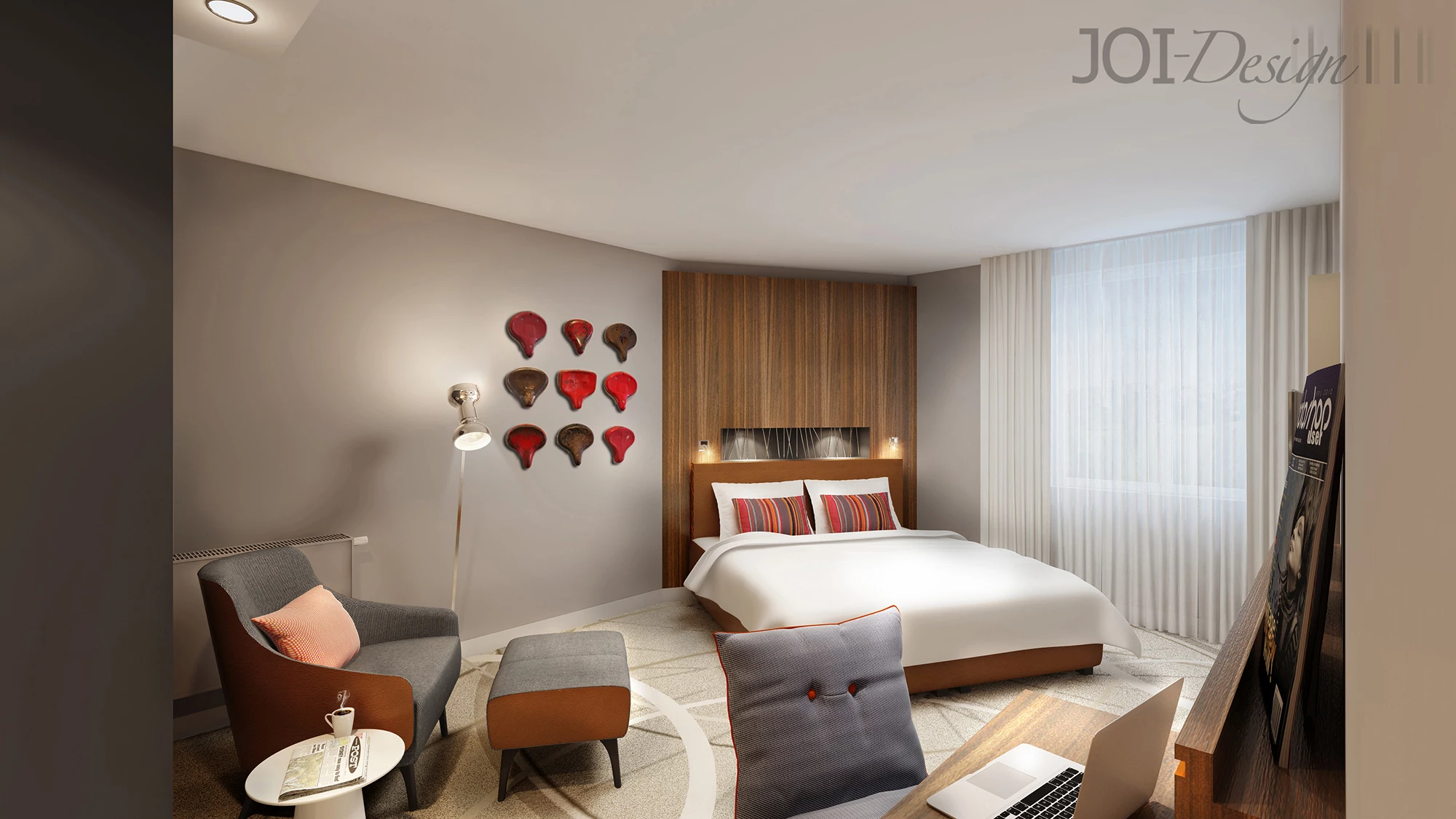 modernes Beispielzimmer im Mövenpick Münster mit Doppelbett, Sitzecke und Schreibtisch im Joi-Design