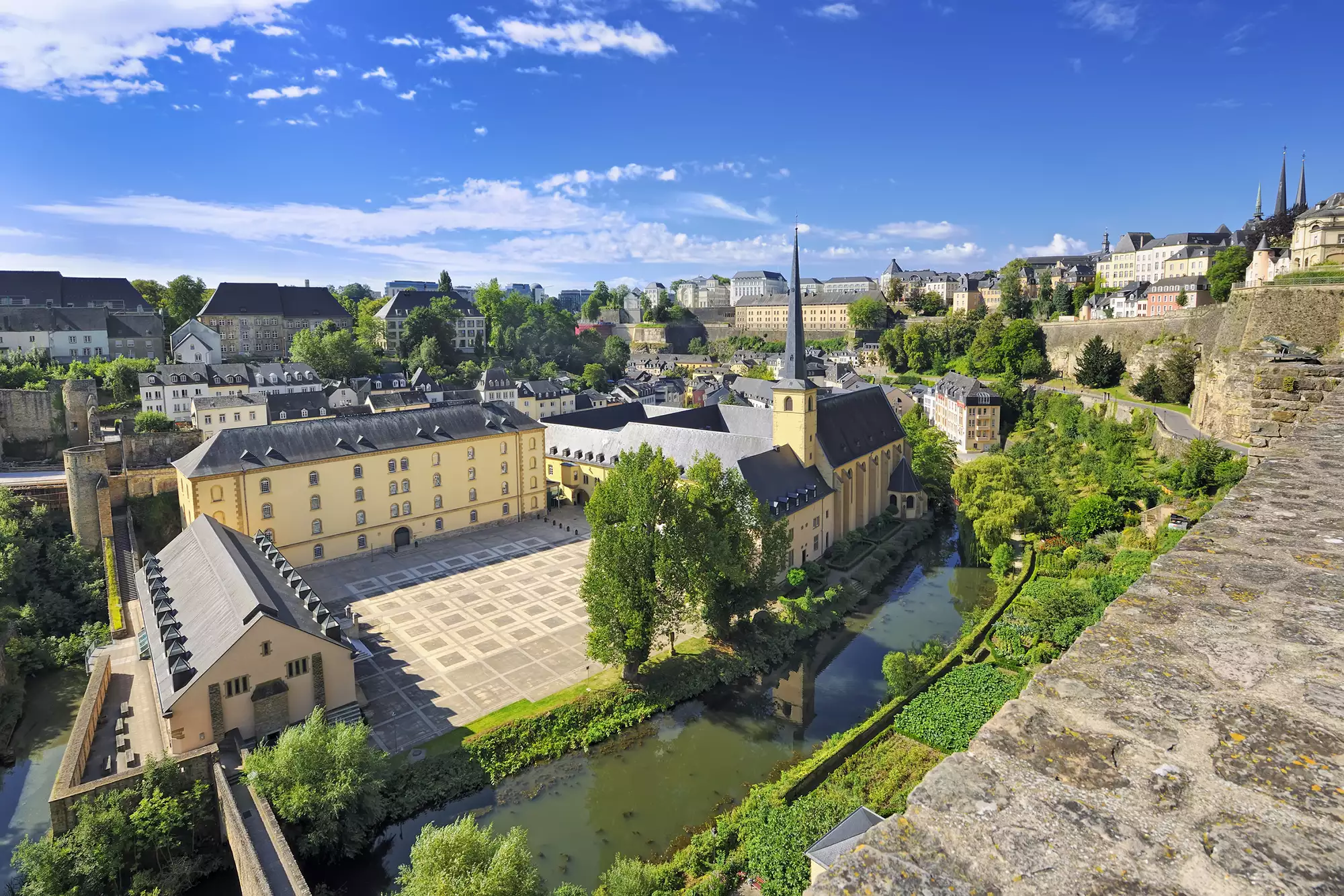 Blick auf die Stadt Luxemburg mit Fokus auf die Stadtmauer und die Abtei Neumünster, erstrahlend im sonnigen Tageslicht. Die historische Architektur und die umgebende Landschaft schaffen eine beeindruckende Kulisse.