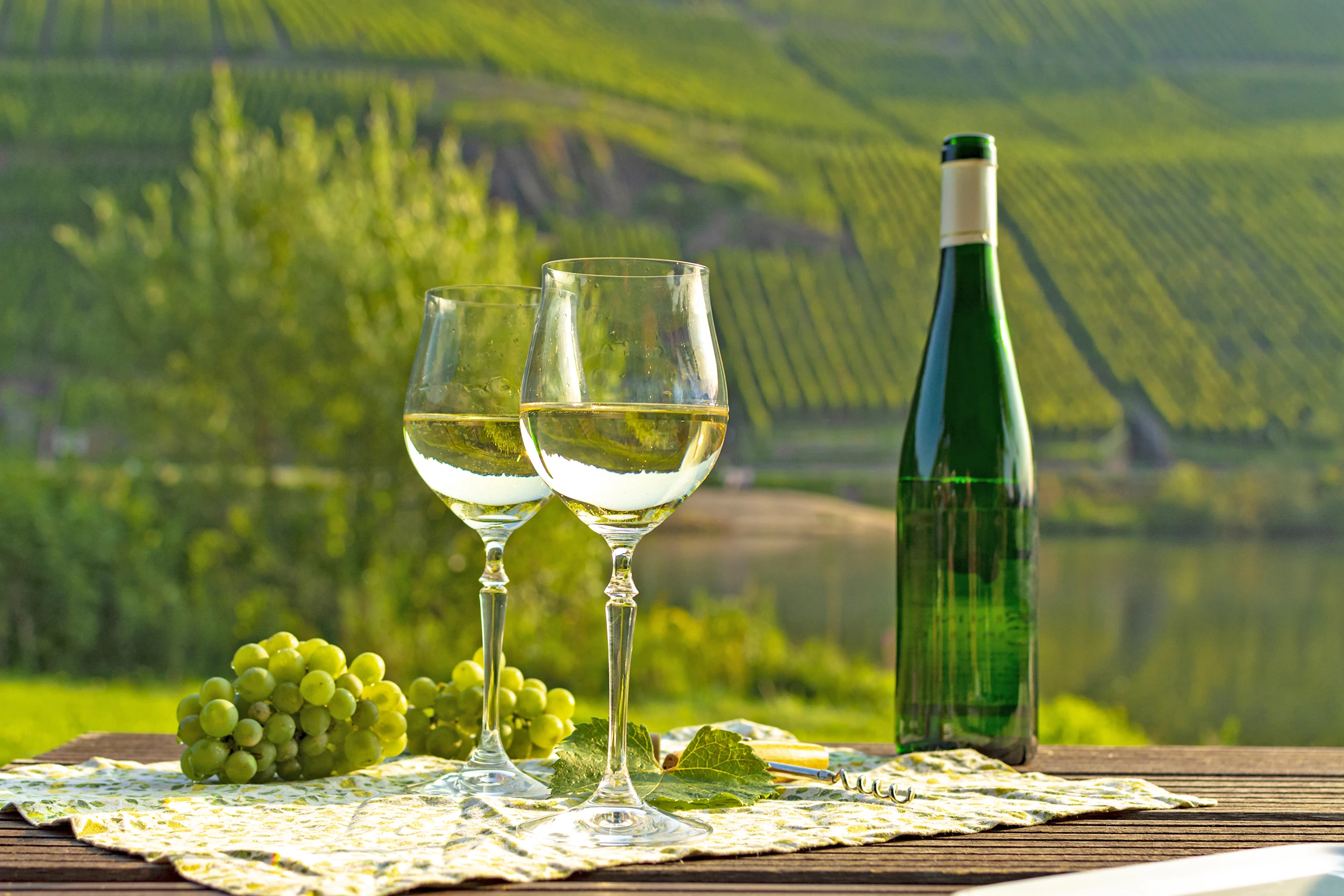 Riesling Weintrauben, Gläser und Weinflasche vor Weinbergen
