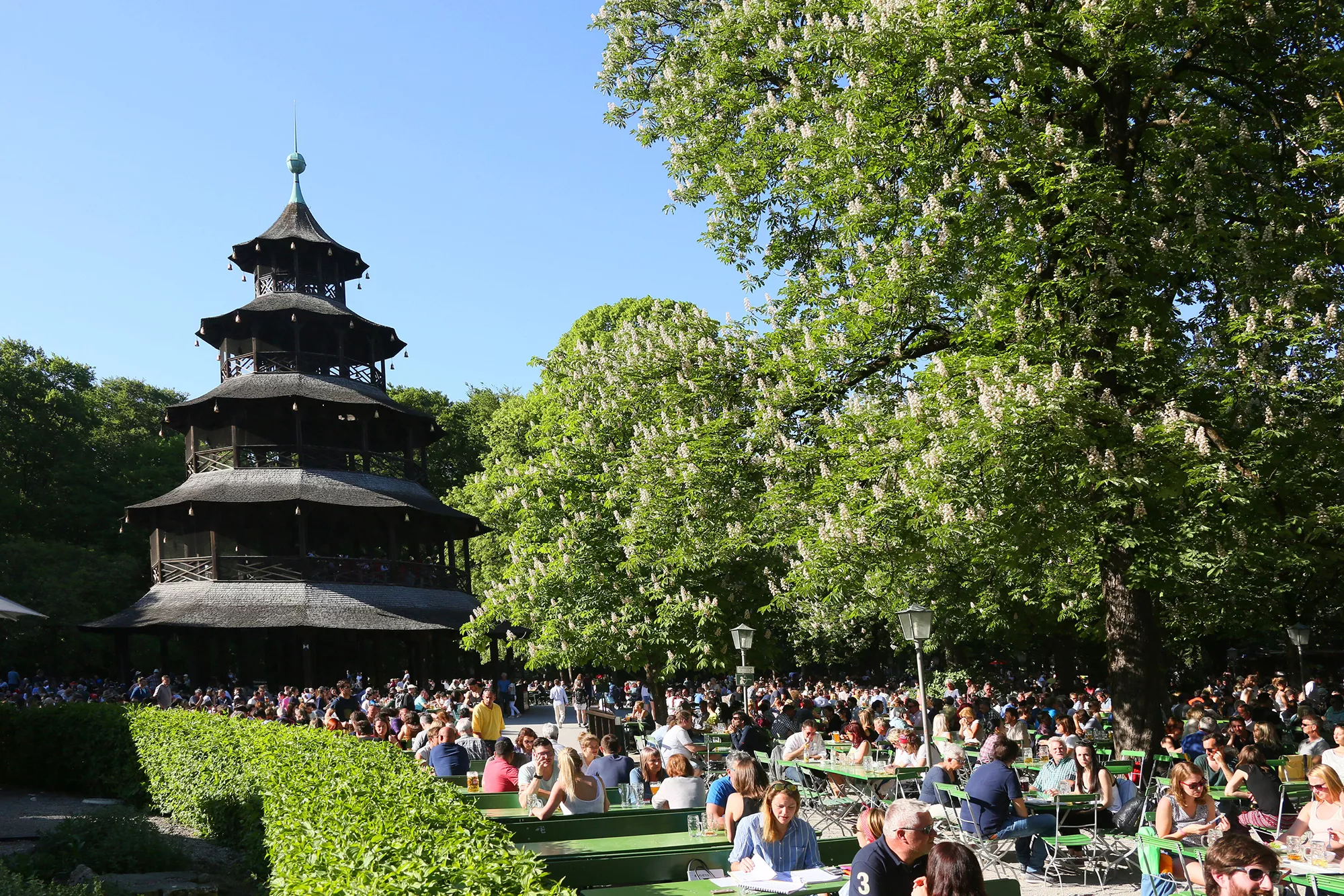 Menschen im Biergarten im Englischen Garten