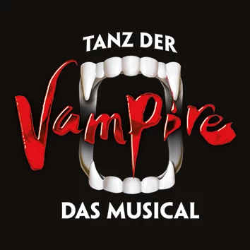 Tanz der Vampire - Logo quadratisch - weißes Vampir-Gebiss mit rotem Schriftzug Vampire in der Mitte