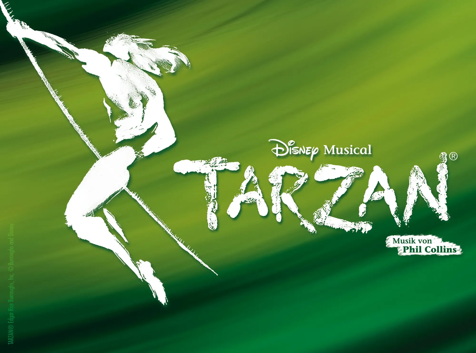 Disneys Musical Tarzan Logo - schwingender Tarzan vor grünem Hintergrund - Musik von Phil Collins