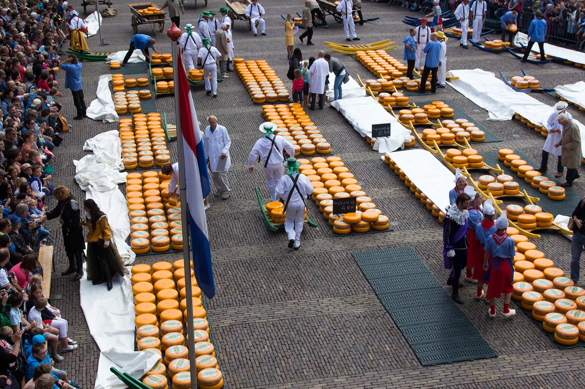 Vogelperspektive auf den Käsemarkt in Alkmaar bei Tageslicht, mit zahlreichen Besuchern, die das bunte Treiben beobachten. Die traditionellen Käsewagen sind in lebhaften Farben gehalten und laden zum Schauen und Probieren ein. Die Szene strahlt eine festliche Atmosphäre aus, während die Sonne die Farben der Umgebung erhellt.