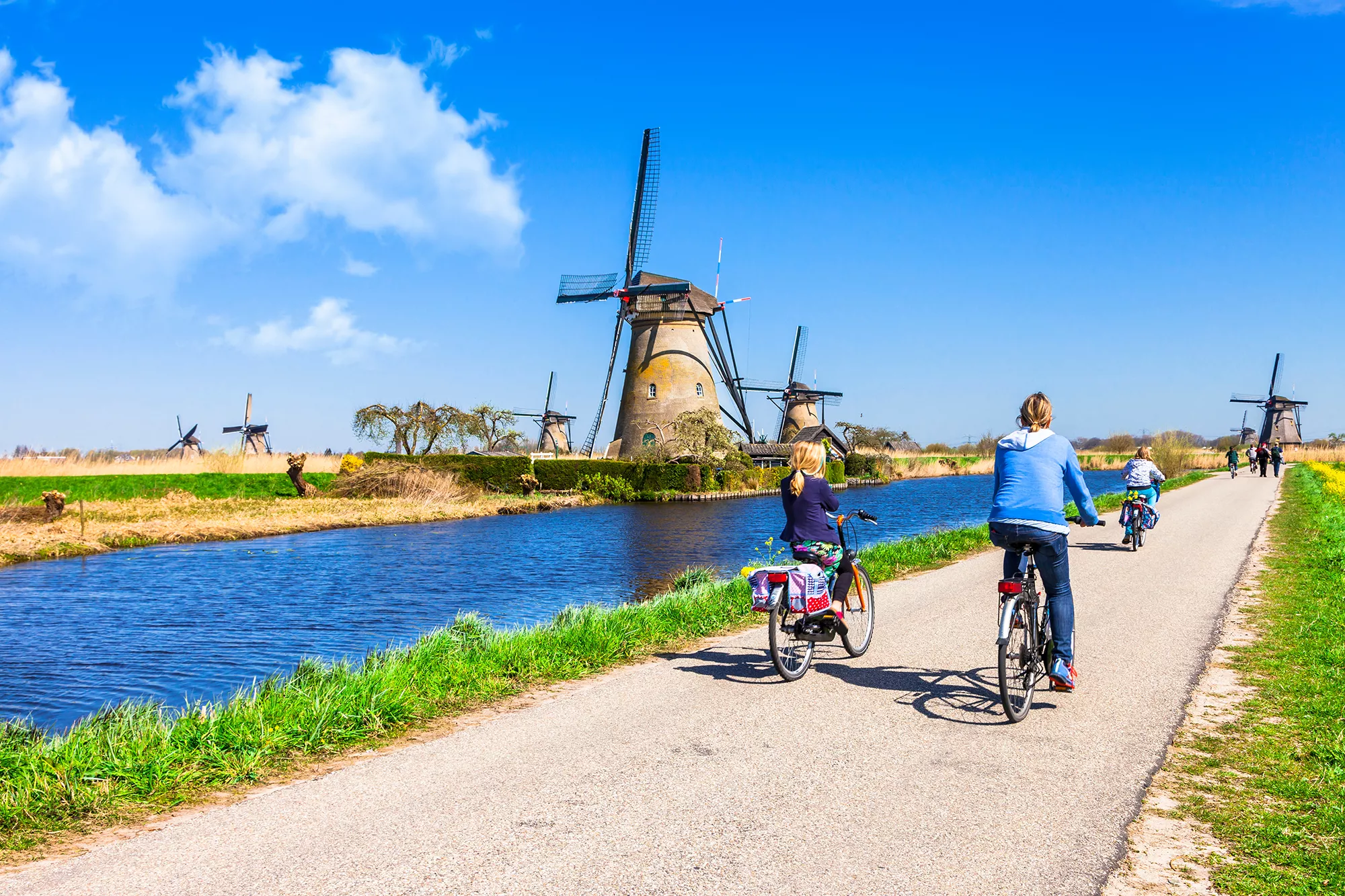 Radfahrer genießen das sonnige Wetter und fahren entlang der malerischen Windmühlen bei Kinderdijk, umgeben von üppigem Grün und typisch holländischer Landschaft, die die charmante Kulisse vervollständigen.