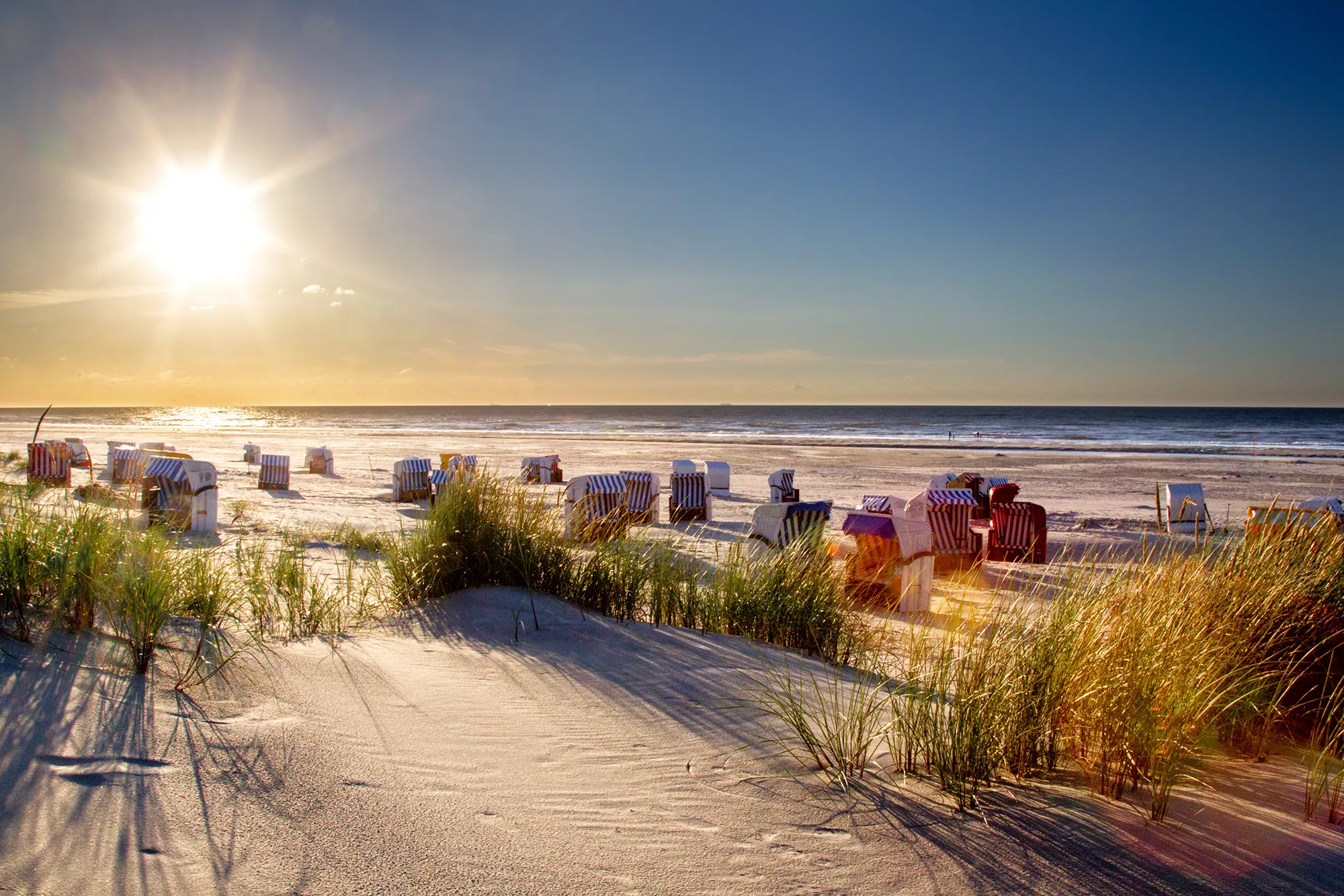 Strand von Juist mit hellem Sandstrand, Strandkörben und Gräsern im goldenen Licht