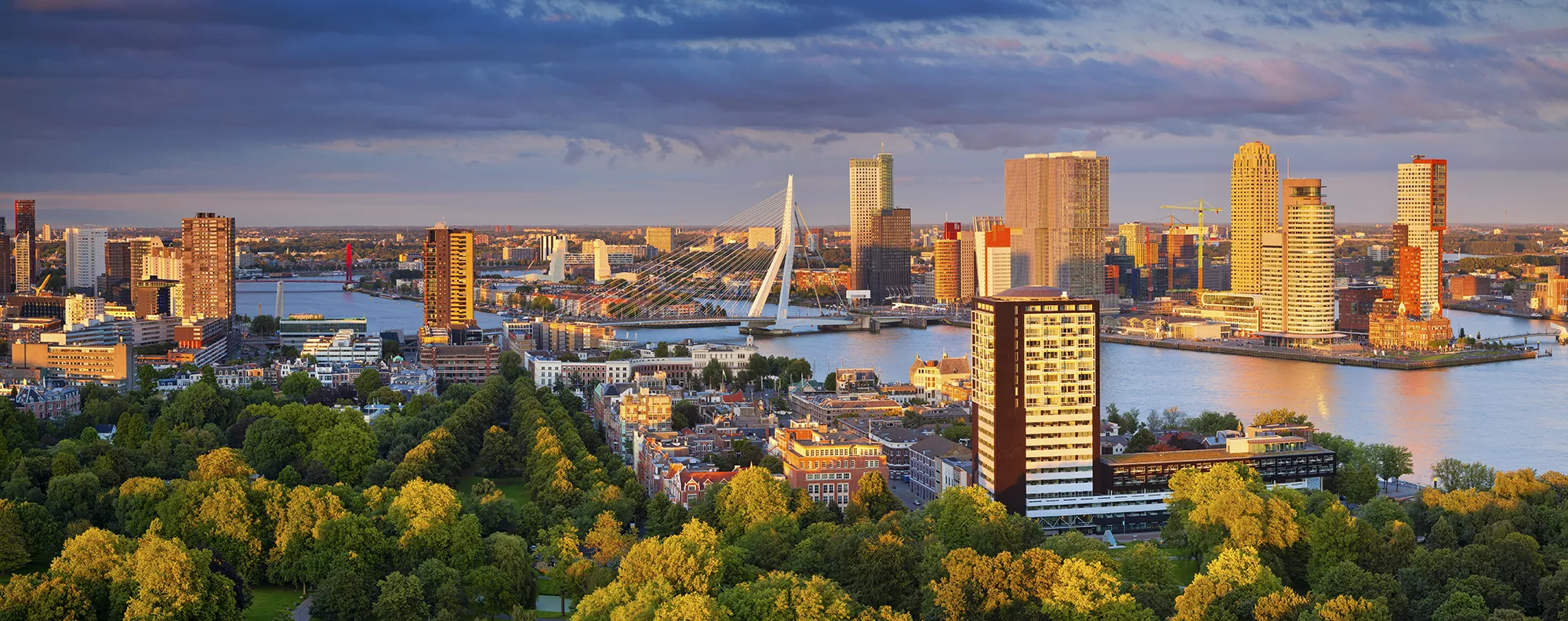 Ein Panorama der Stadt Rotterdam bei leichter Abenddämmerung, das die grünen Flächen, die moderne Skyline und das durch die Stadt fließende Gewässer zeigt. Das sanfte Dämmerlicht hebt die urbanen Kontraste hervor, während die Naturflächen die moderne Architektur ergänzen. Die Wasserreflexionen und die beginnende Beleuchtung der Gebäude schaffen eine harmonische und lebendige Atmosphäre, die das dynamische Stadtbild Rotterdams einfängt.