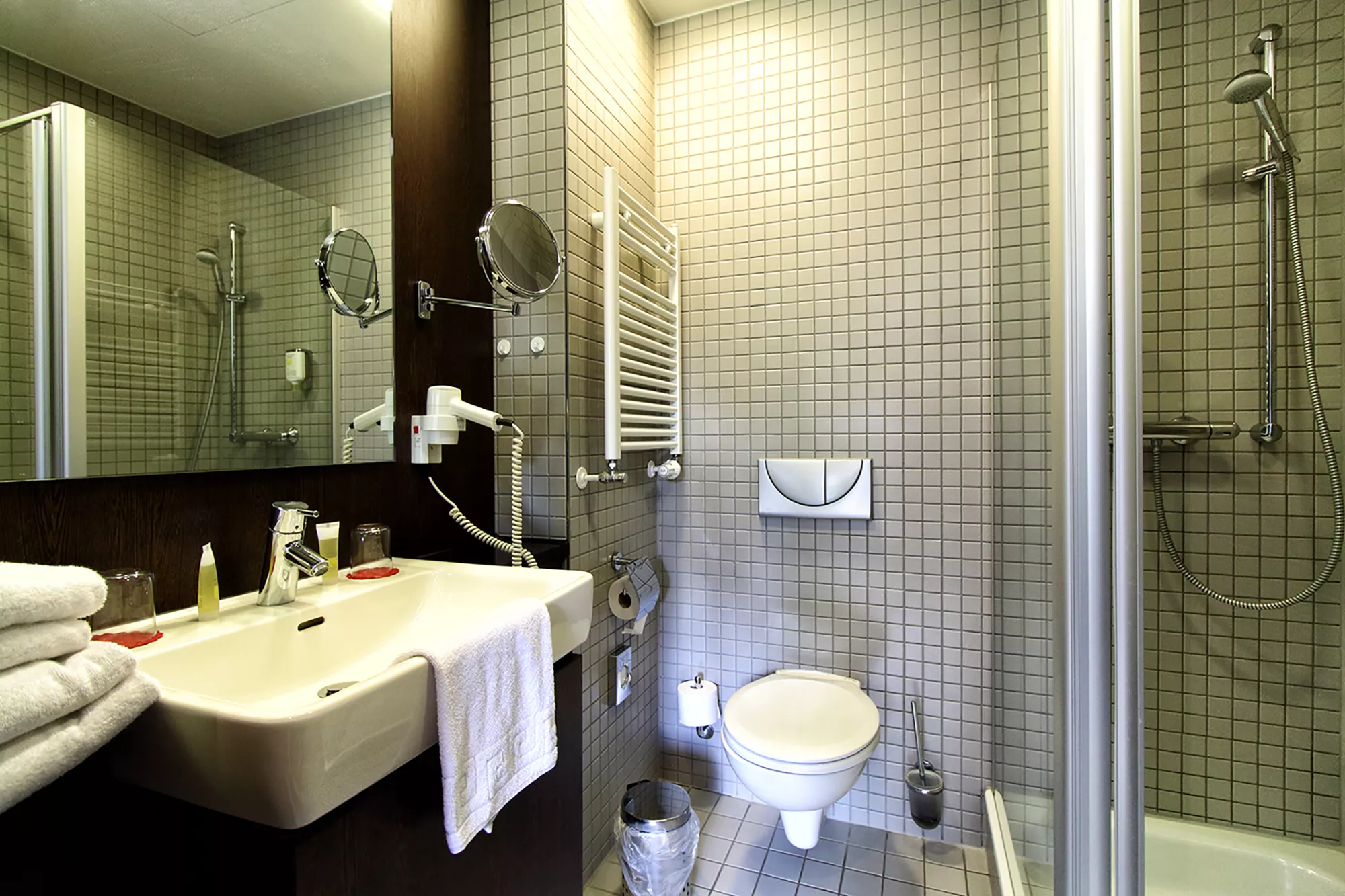 Blick in ein modern eingerichtetes Badezimmerbeispiel im Santé Royale Bad Brambach mit großzügigen Nassbereich.