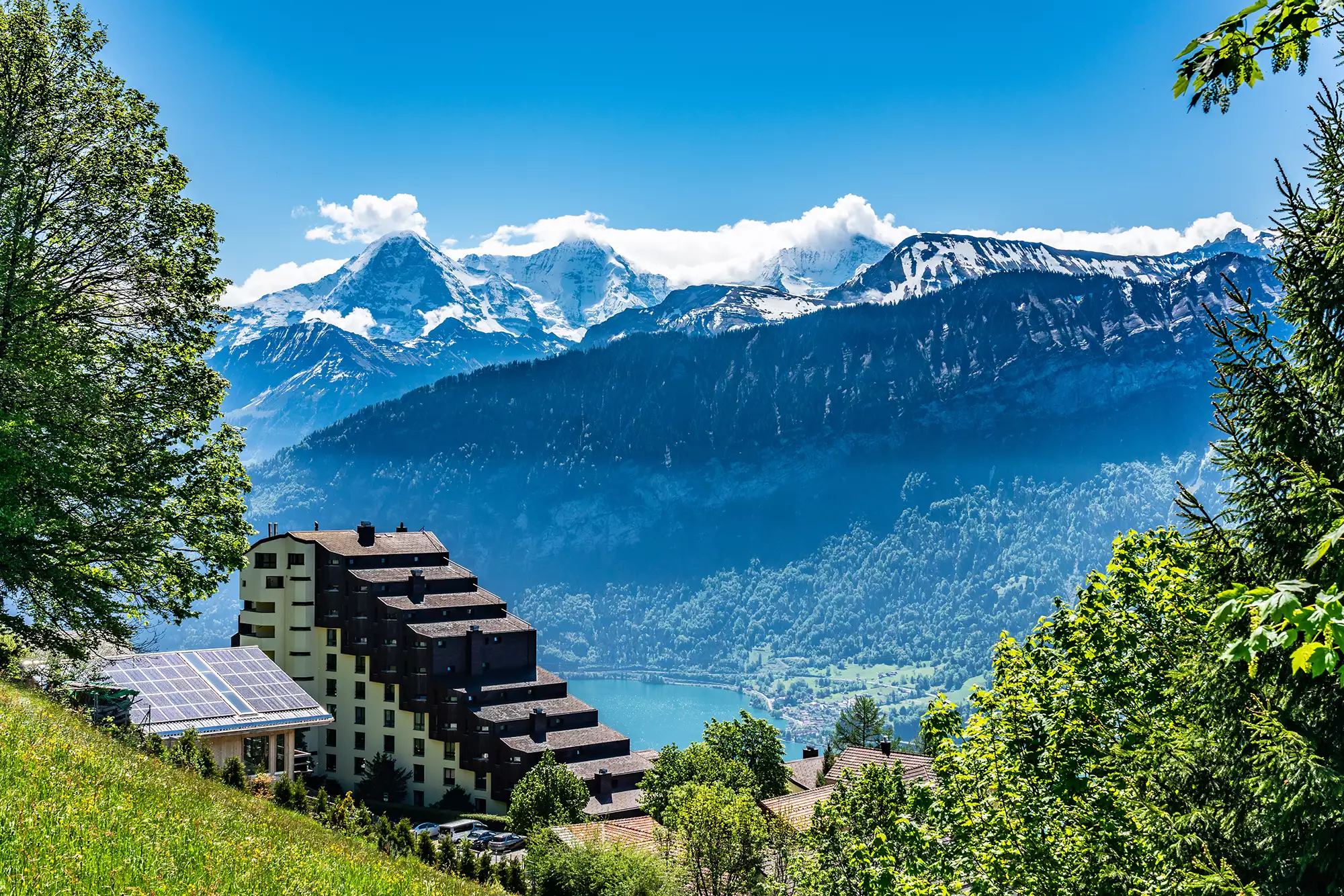 Ausblick vom Beatenberg ins Tal und den Thuner See im Berner Oberland bei Sonnenschein