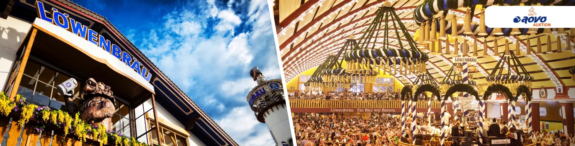Links Außenansicht des Löwenbräu-Festzelts mit Löwenkopf-Skulptur und blauem Himmel, rechts Innenansicht eines großen Festzelts mit Kronleuchtern und Menschenmenge beim Oktoberfest München