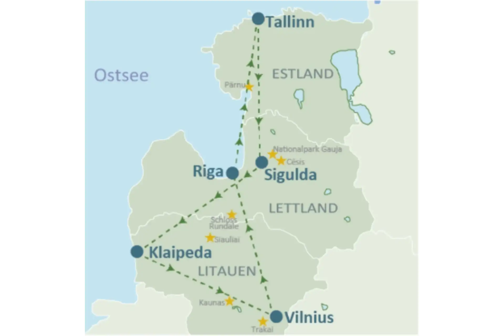 Karte der Rundreise Baltikum mit allen Zwischenstopps: Klaipeda - Vilnius - Riga - Tallinn - Sigulda - Klaipeda