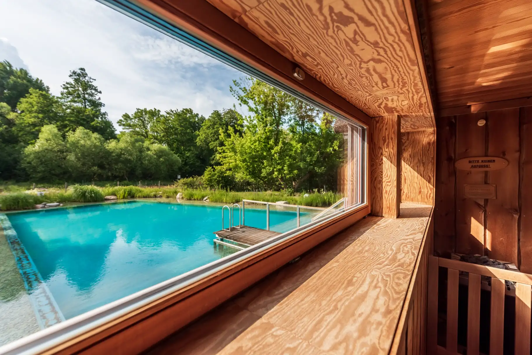 Beech Resort Plauer See: Blick aus einem Holzfenster auf ein Schwimmbecken mit Steg und grünem Wald im Hintergrund.