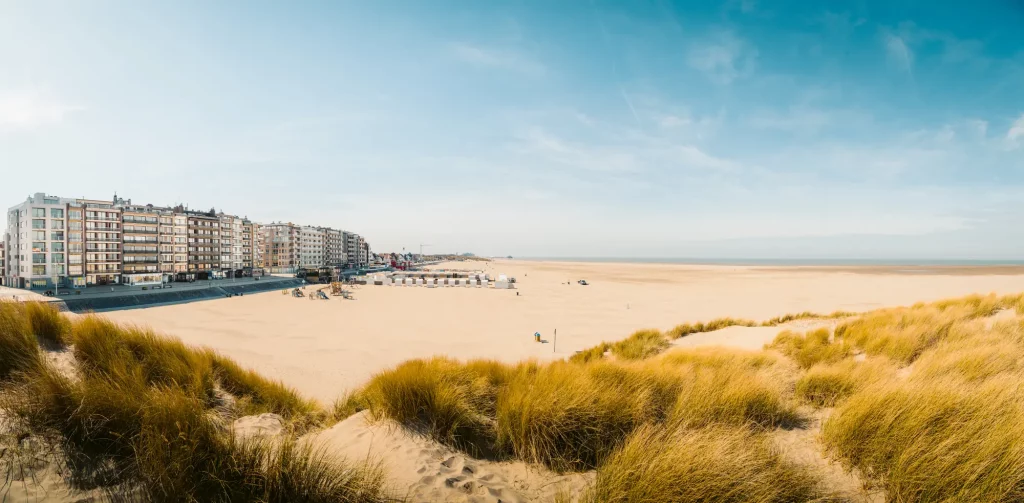 Strand mit Blick aufs Meer und Häuserzeile mit wolkenfreiem Himmel in Belgien im Urlaub am Meer