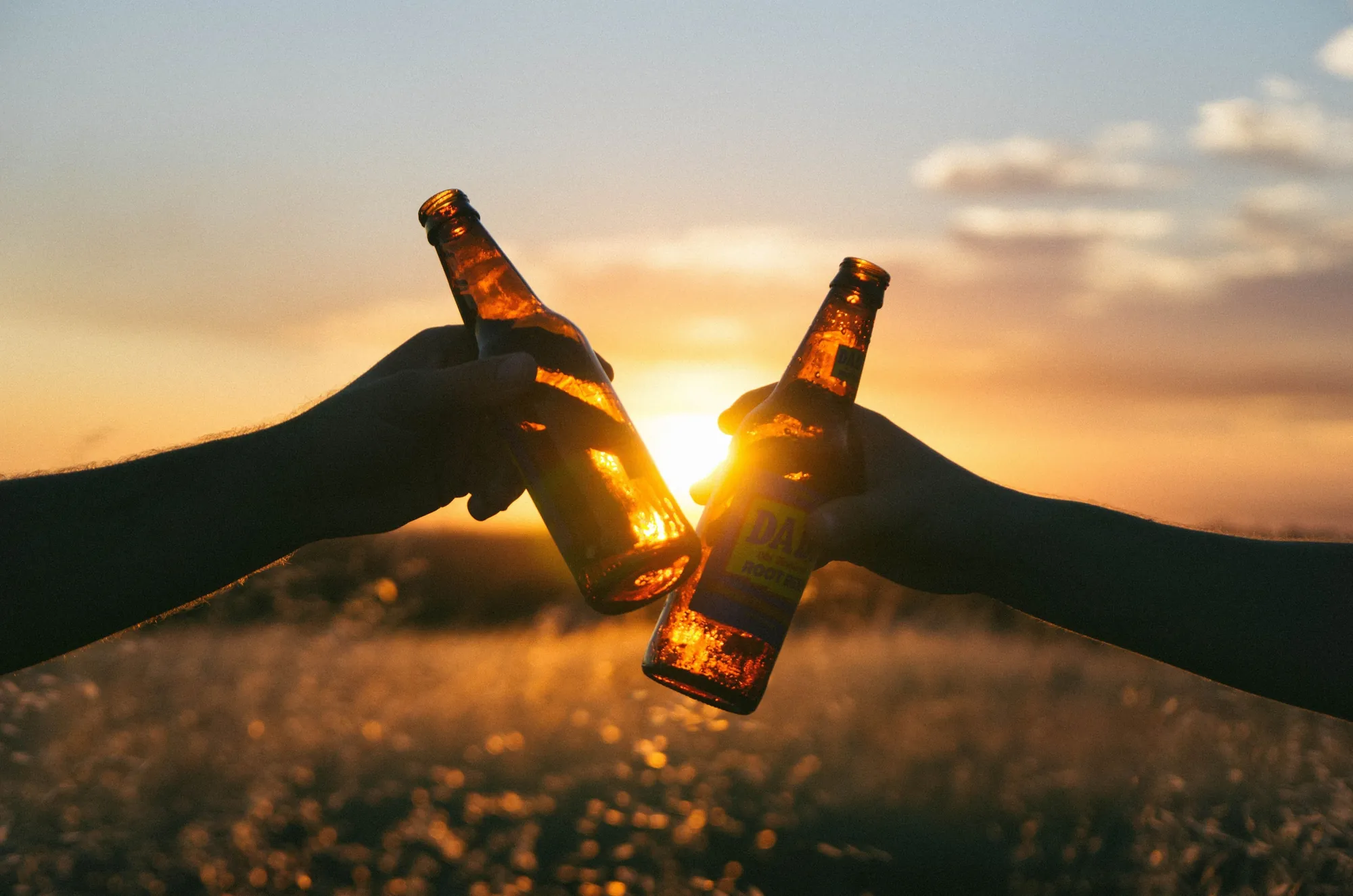 Zu zweit Bier Prost in Landschaft beim Sonnenuntergang