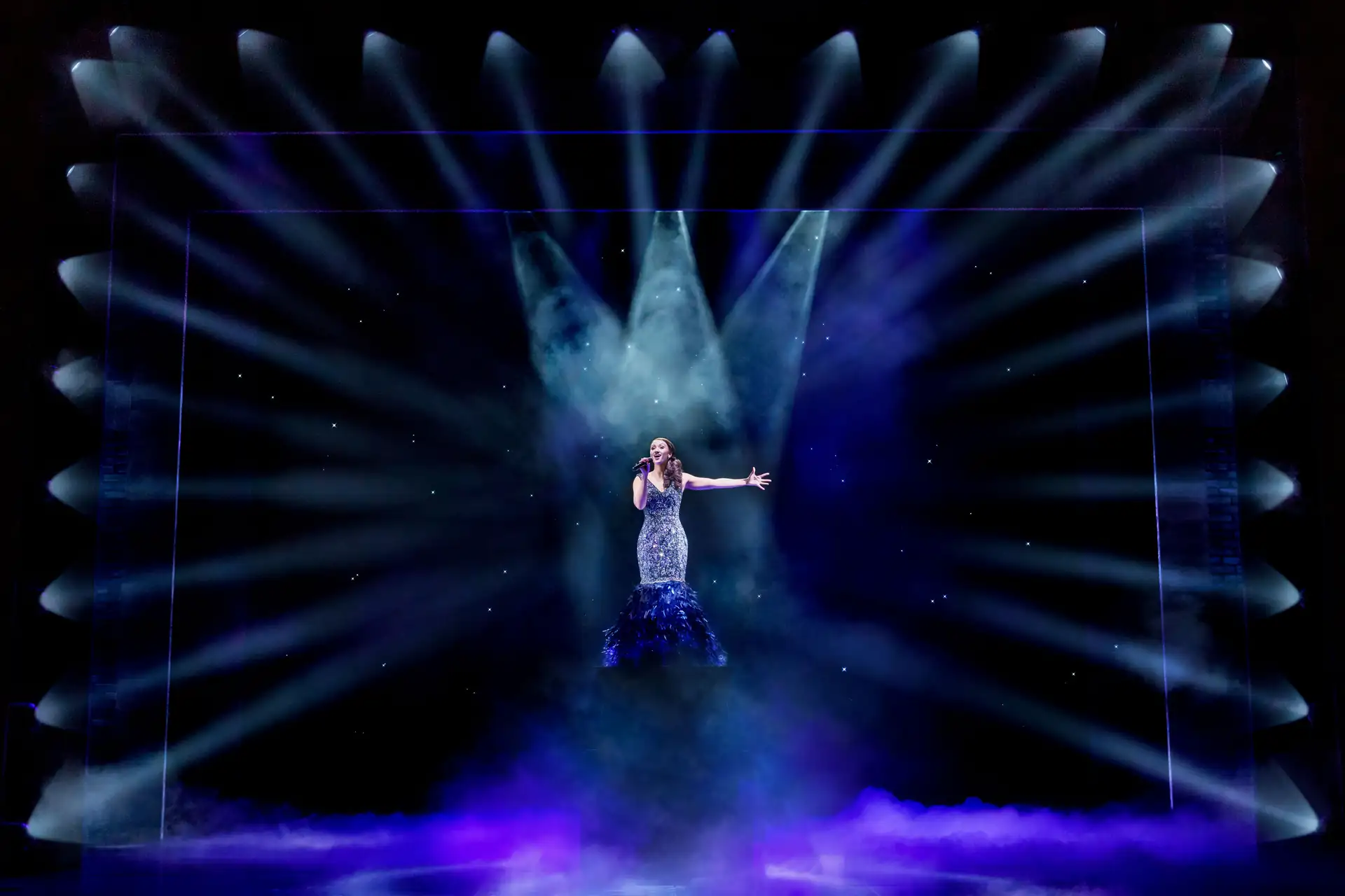 The Bodyguard – The Musical Tour: Sängerin in langem, glitzerndem Kleid steht auf Bühne, umgeben von Nebel und mehreren Scheinwerfern, die Lichtstrahlen nach oben werfen.