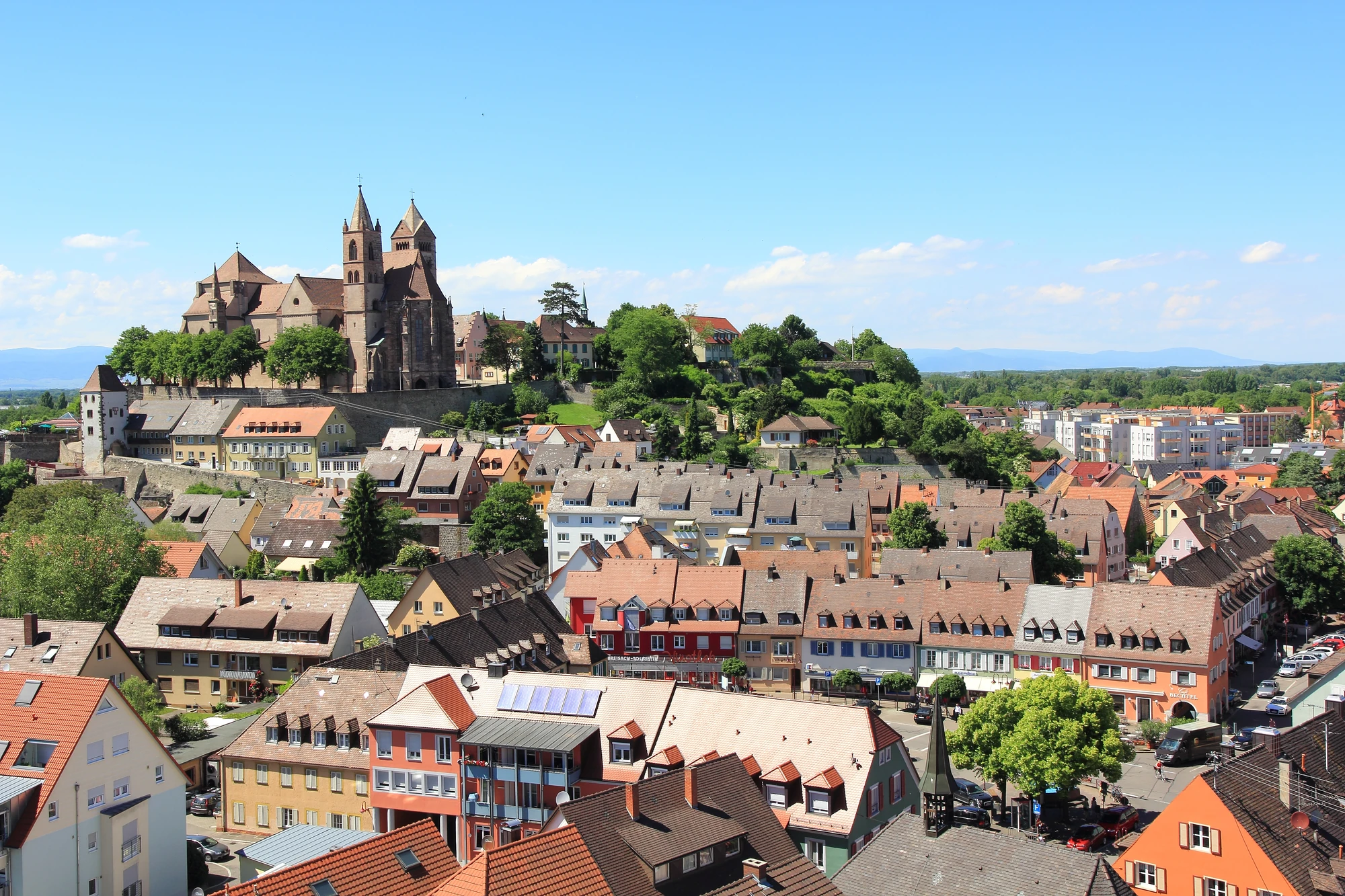 Burg in Breisach am Rhein über der Altstadt mit Bäumen und Gebirge im Hintergrund
