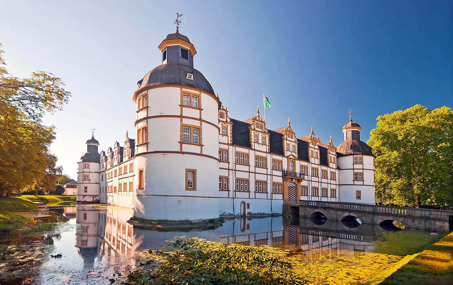 Blick auf das Residenz- und Wasserschloss Neuhaus, umgeben von einem mit Wassergraben mit Seerosen und klarem Sommerhimmel
