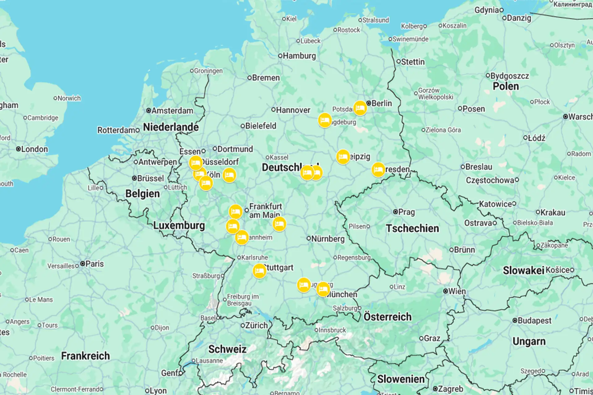 Karte von Mitteleuropa mit markierten Standorten von Premium-Hotels in Deutschland und angrenzenden Ländern