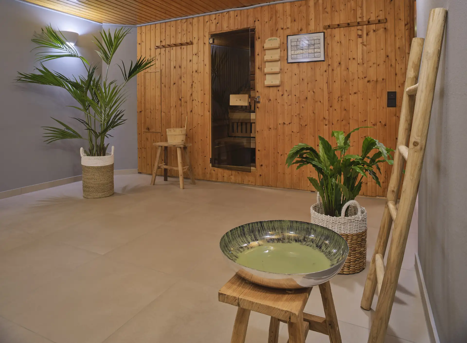 Saunabereich im Classik Hotel Magdeburg mit Holzwand, Glastür, zwei Pflanzen in Körben, Holzleiter und Schale auf Hocker