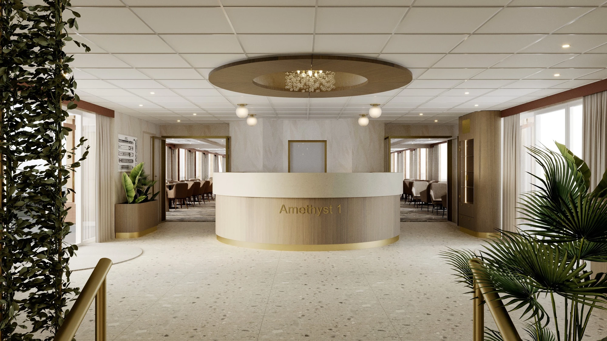 Rezeption in der Lobby mit Blick in die Panoramalounge im Hintergrund an Bord der DCS Amethyst 1