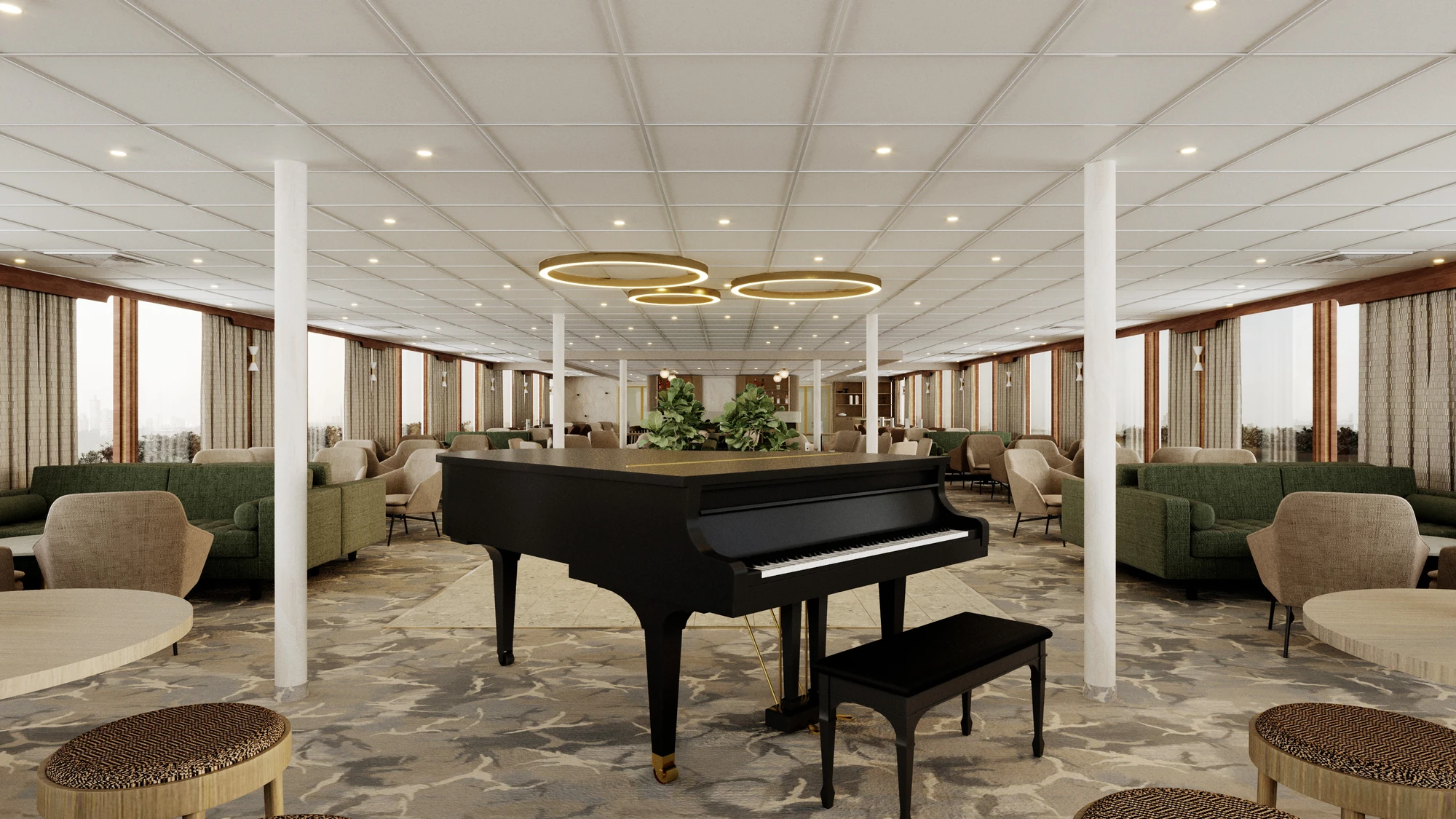 Schwarzer Flügel am Kopf der Panoramalounge mit Sitzhocker und Sofas und Stühlen im Hintergrund