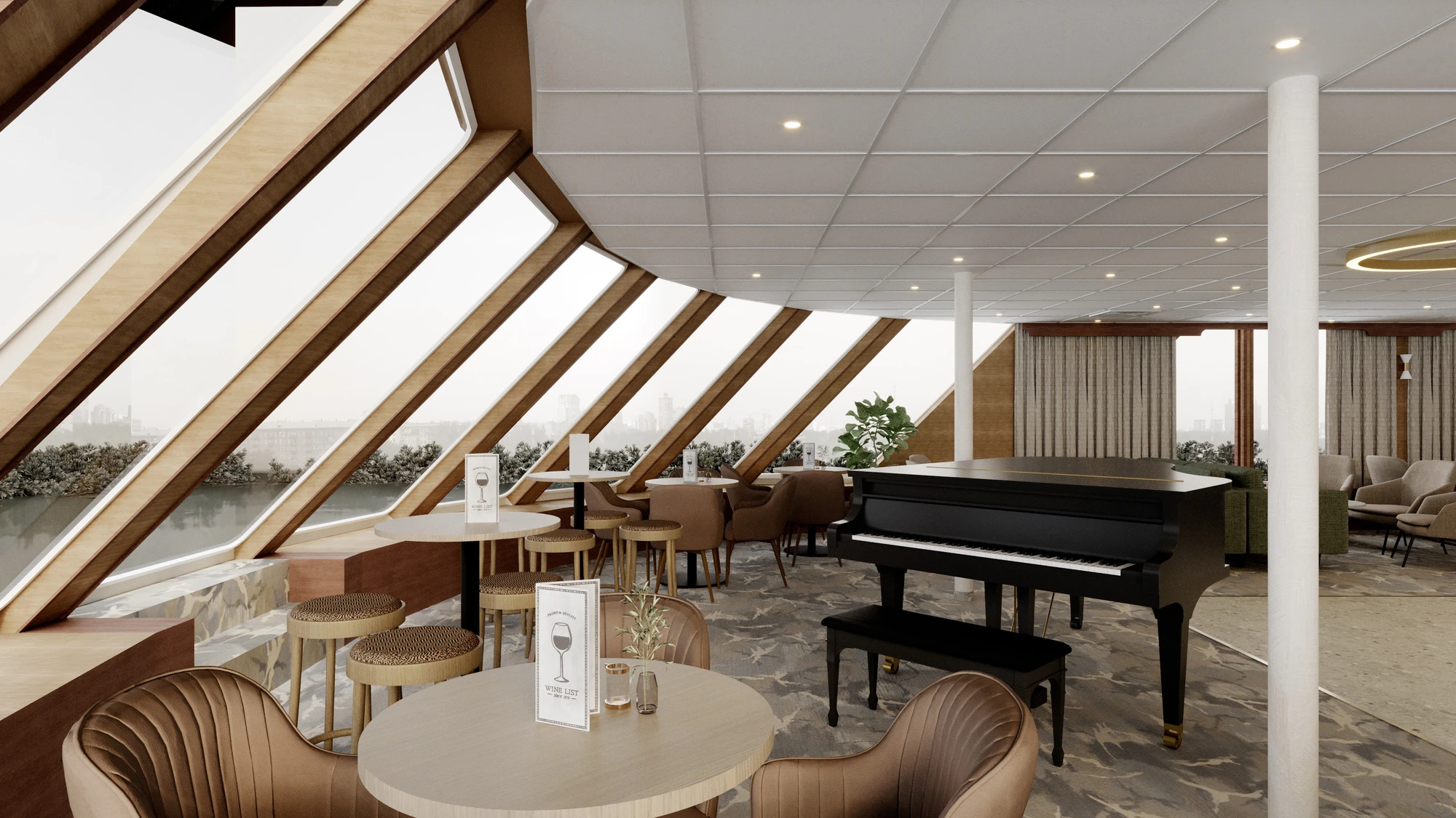 Schwarzer Flügel vor Panoramafenstern und Sitzgelegenheiten in der Panoramalounge an Bord der DCS Amethyst 1