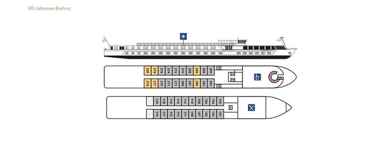 Deckplan (schematische Zeichnung des Schiffes mit den Kabinen und öffentlichen Bereichen) von MS Johannes Brahms