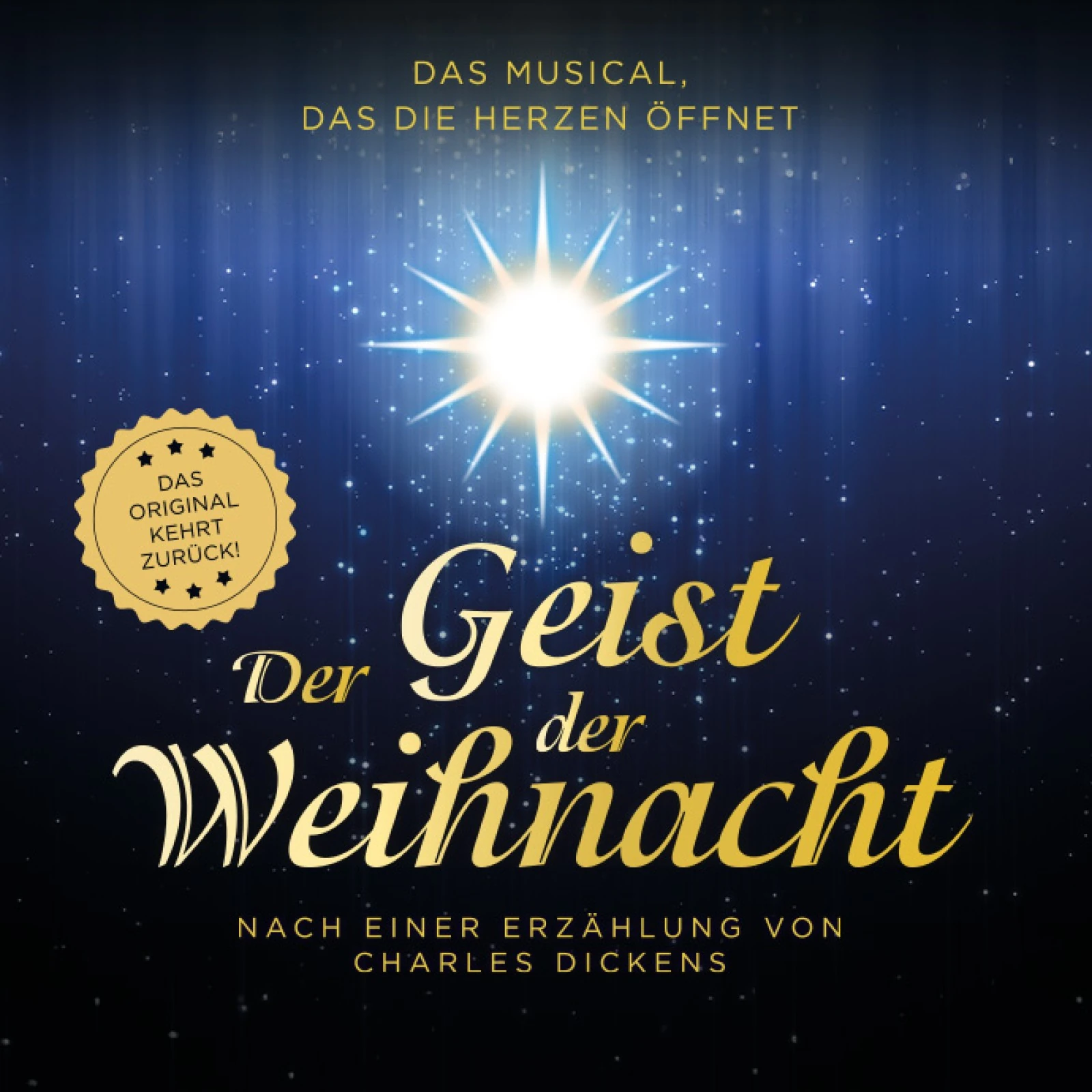 Logo des Musicals Der Geist der Weihnacht mit goldener Schrift und hellstrahlenden Weihnachtsstern, Quadrat
