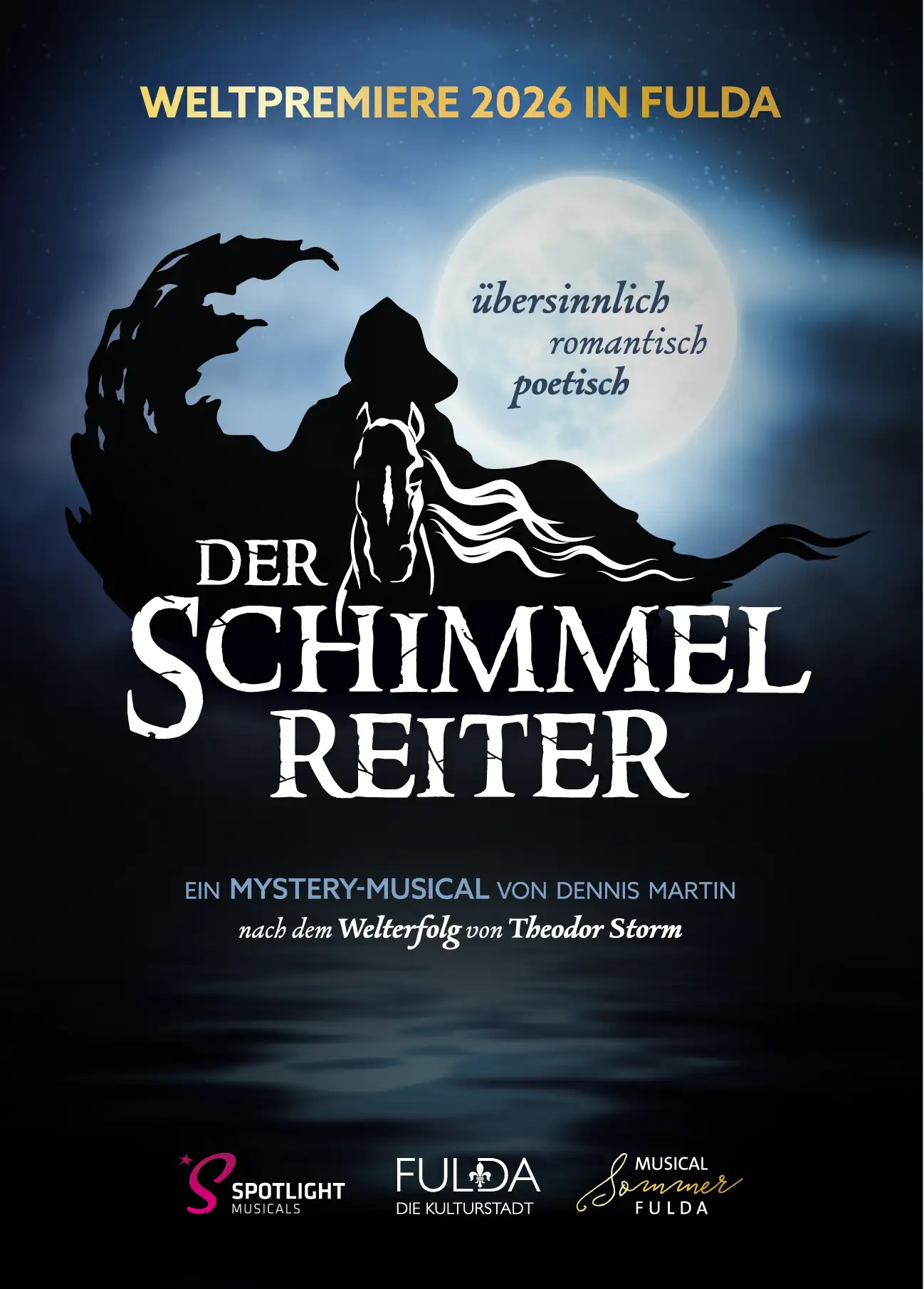 Der Schimmelreiter – Das Mystery-Musical: Silhouette eines Reiters mit wehender Mähne vor großem Vollmond, Text 'Der Schimmelreiter', Ankündigung der Weltpremiere 2026 in Fulda.