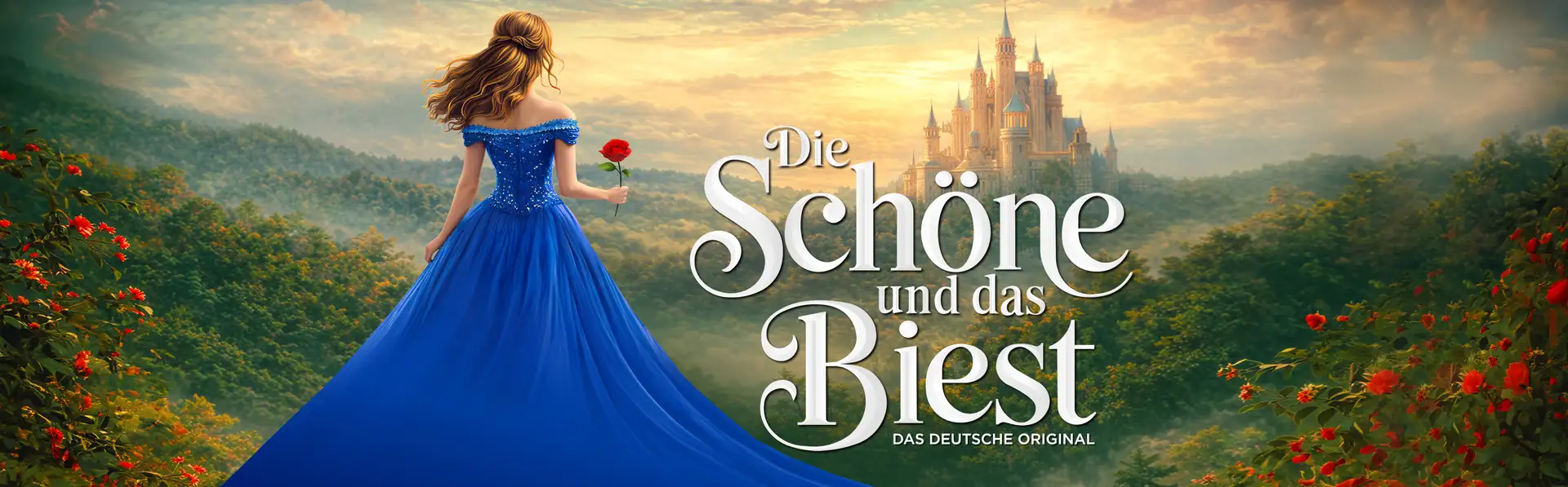 Frau in blauem Kleid mit roter Rose vor einem Schloss in einer Landschaft mit Bergen