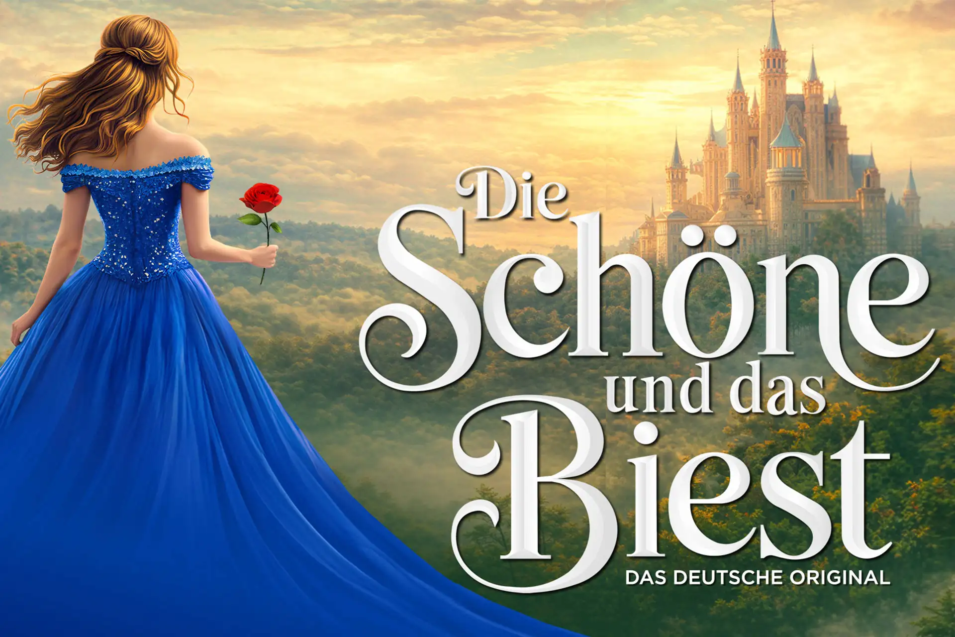 Frau in blauem Ballkleid mit roter Rose in der Hand vor einem Schloss im Hintergrund und dem Schriftzug 'Die Schöne und das Biest' (1920x1280px)