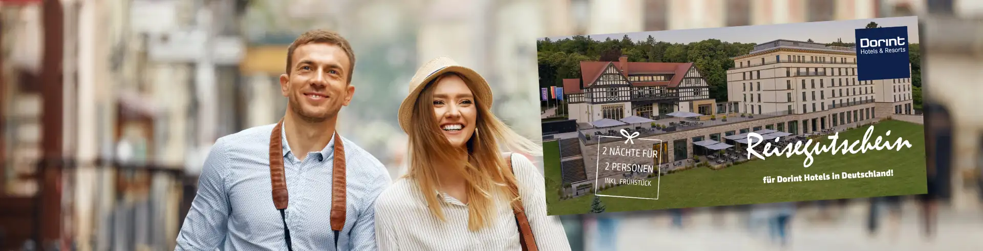 Banner mit Gutschein für zwei Übernachtungen im Dorint Hotel in Deutschland, zeigt ein Dorint Hotelgebäude und Schriftzug 'Reisegutschein'