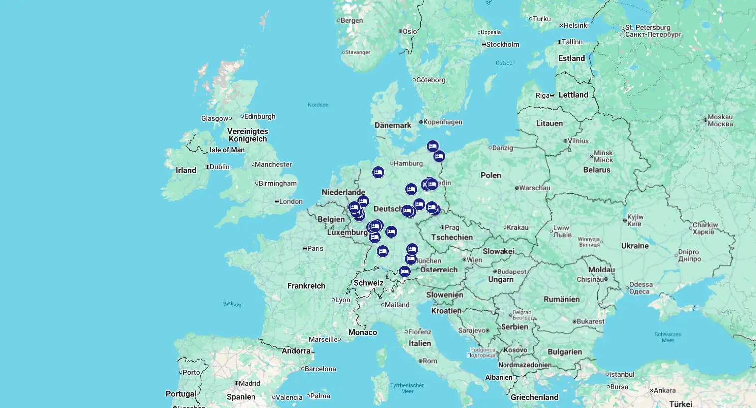 Karte von Europa mit Markierungen auf verschiedenen Städten mit Dorint Hotel in Deutschland