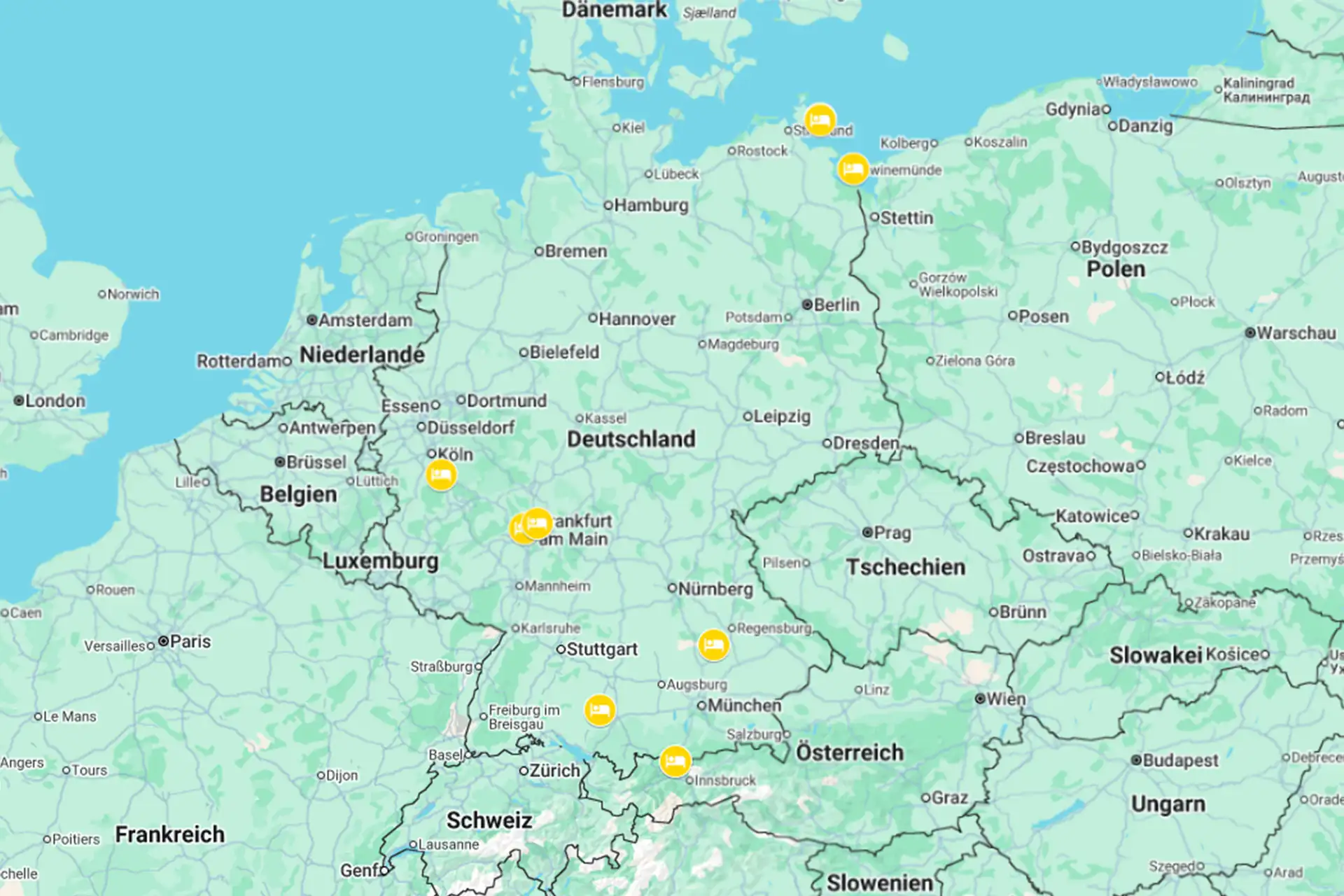 Karte von Mitteleuropa mit markierten Standorten der Dorint Resorts in Deutschland